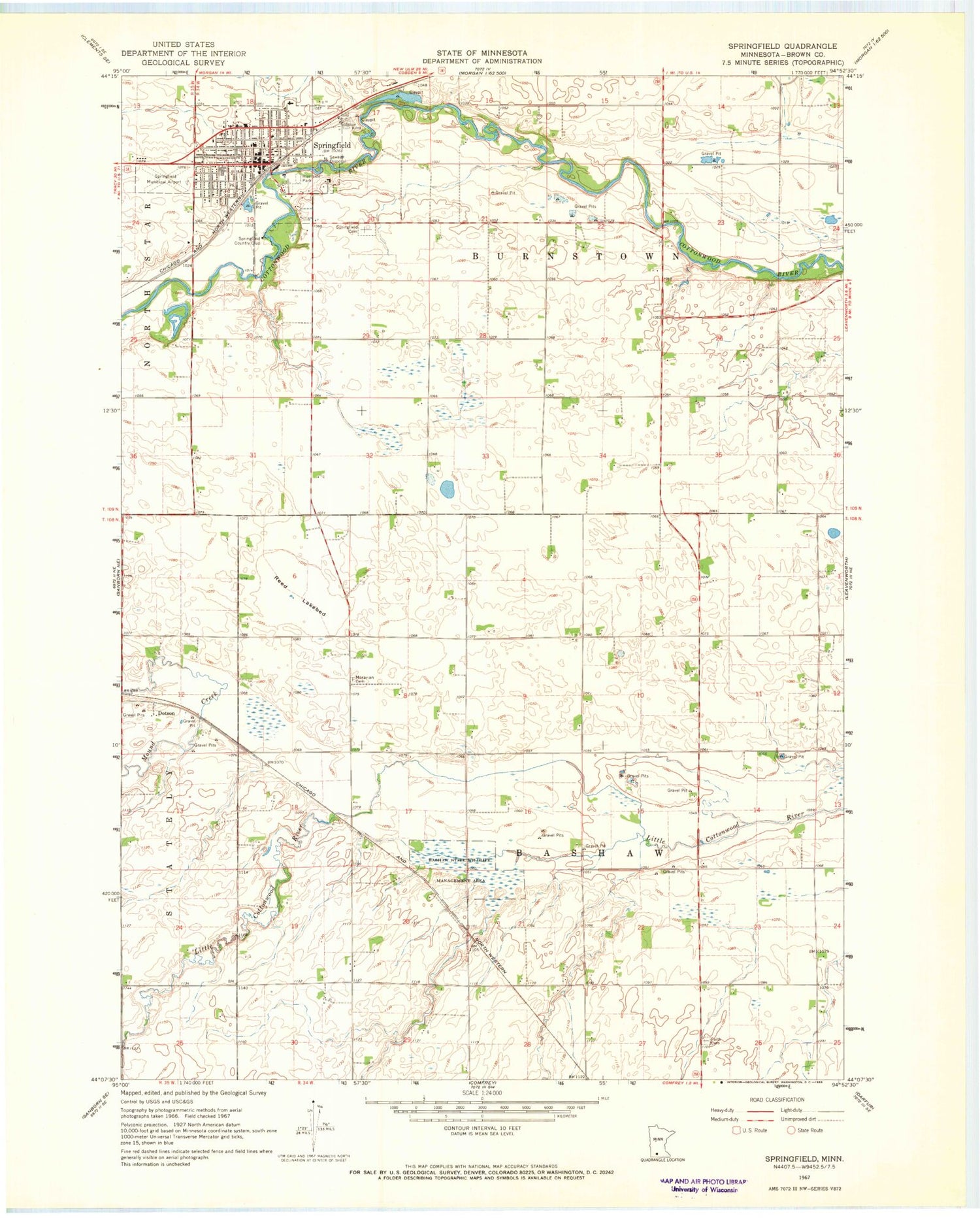 Classic USGS Springfield Minnesota 7.5'x7.5' Topo Map Image