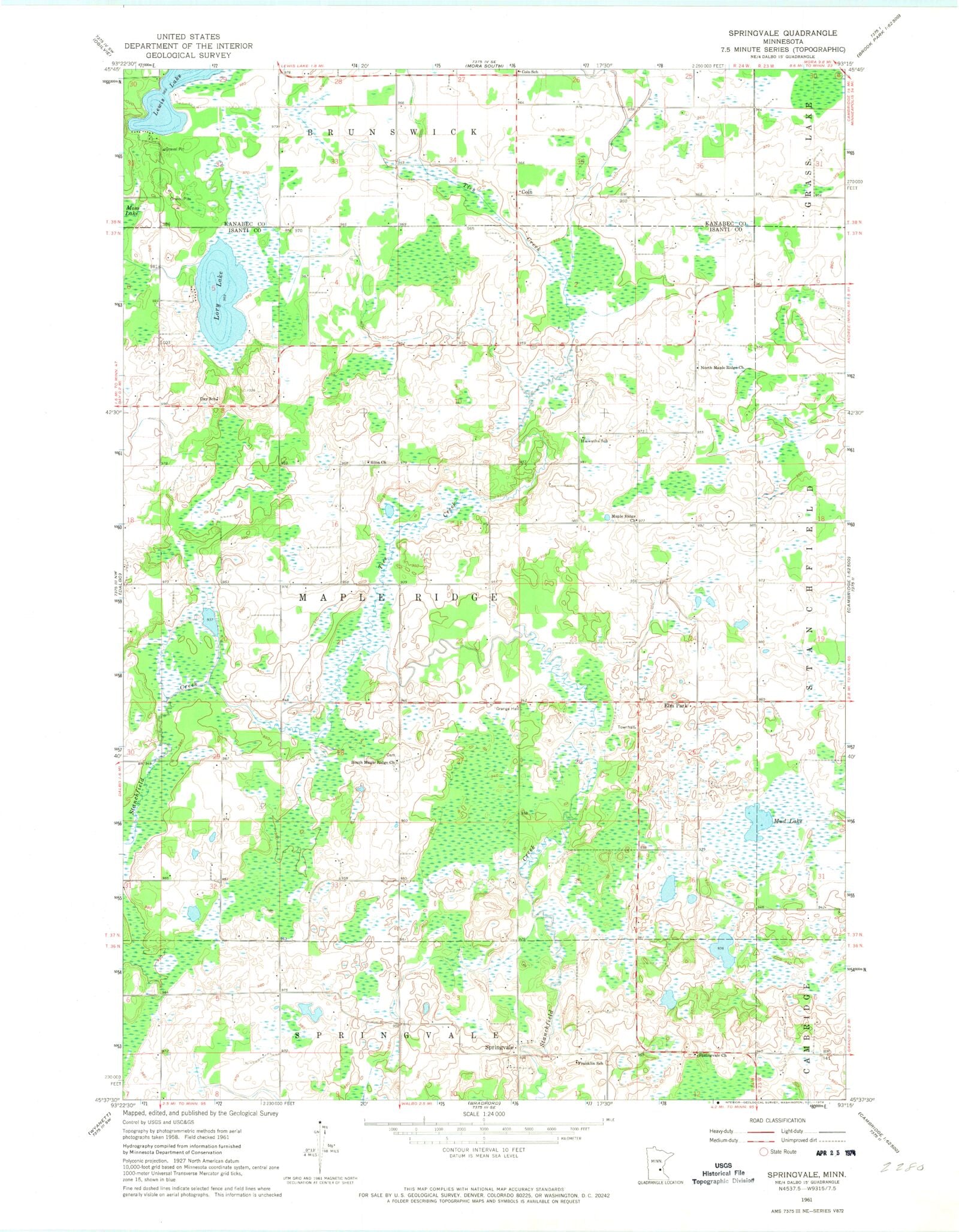 Classic USGS Springvale Minnesota 7.5'x7.5' Topo Map – MyTopo Map Store