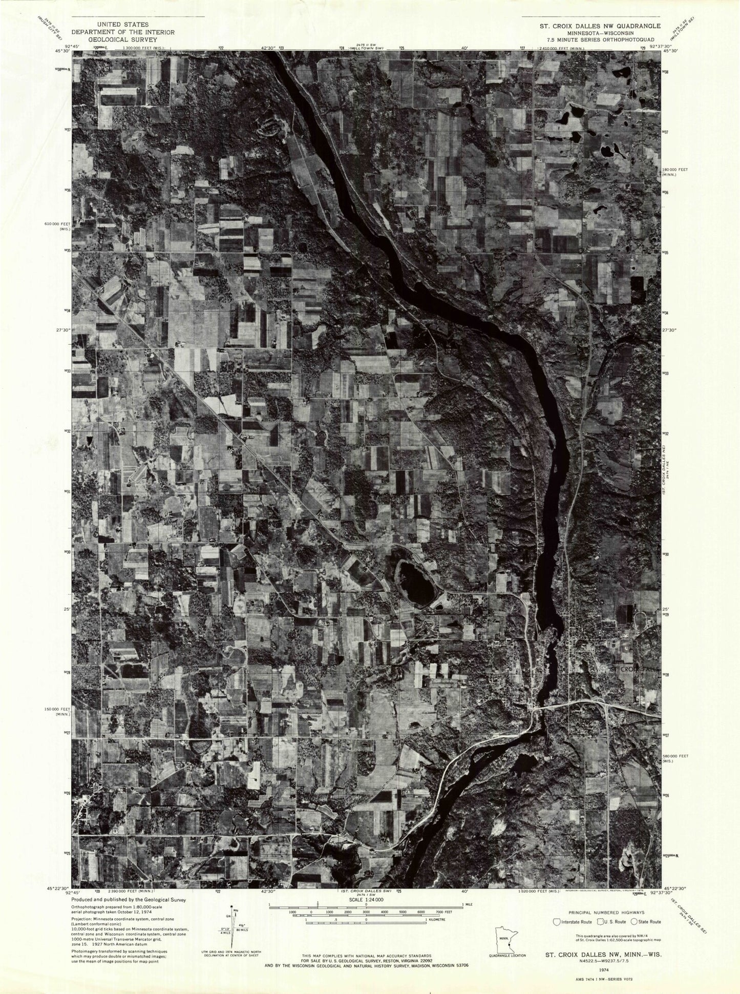 Classic USGS Saint Croix Dalles Wisconsin 7.5'x7.5' Topo Map Image