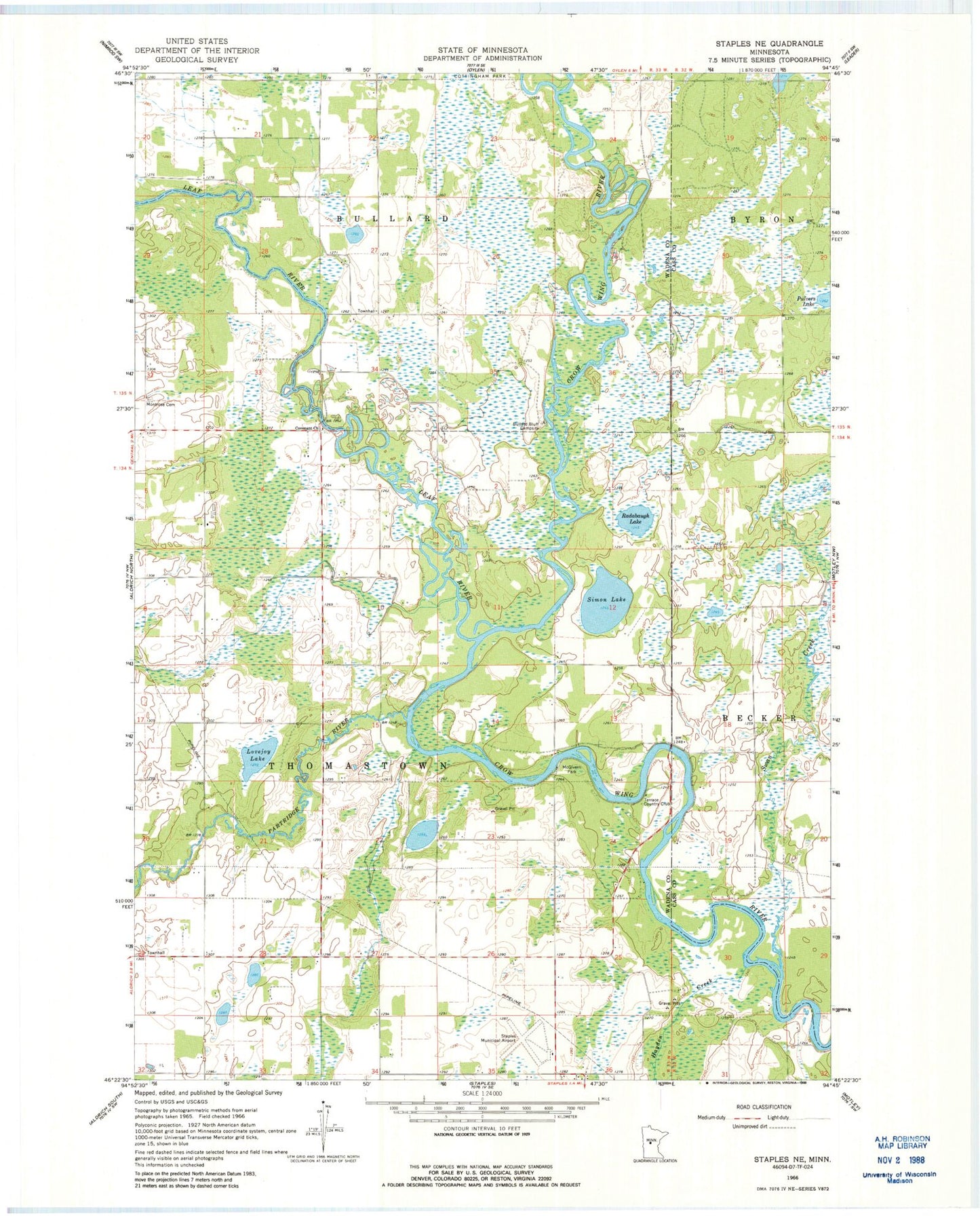 Classic USGS Staples NE Minnesota 7.5'x7.5' Topo Map Image