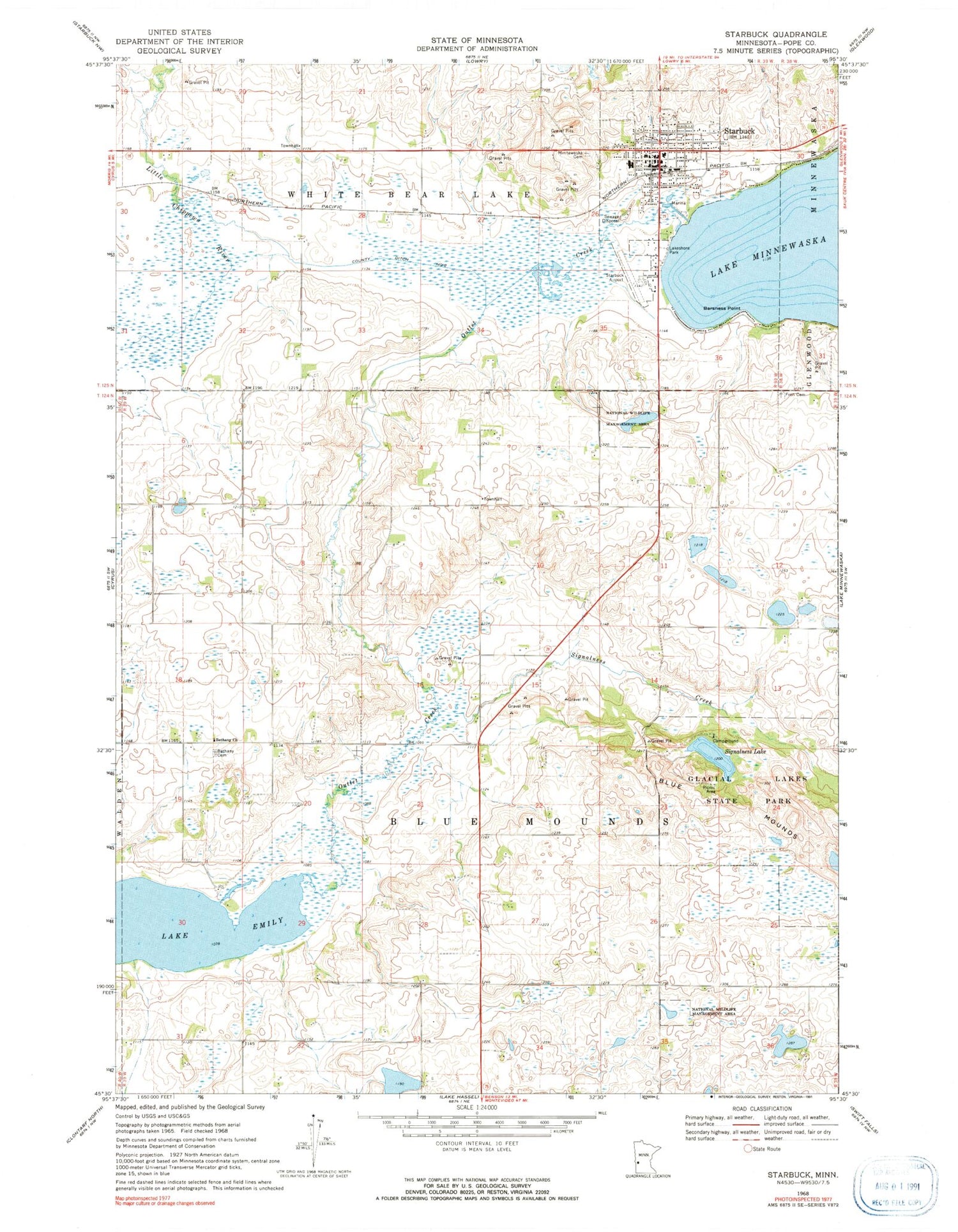 Classic USGS Starbuck Minnesota 7.5'x7.5' Topo Map Image