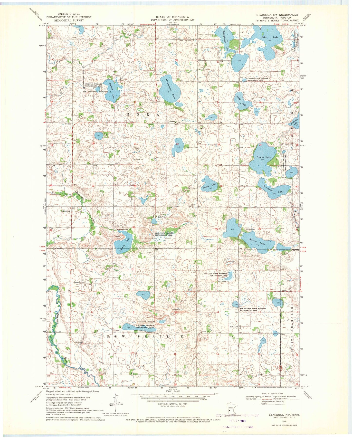 Classic USGS Starbuck NW Minnesota 7.5'x7.5' Topo Map Image