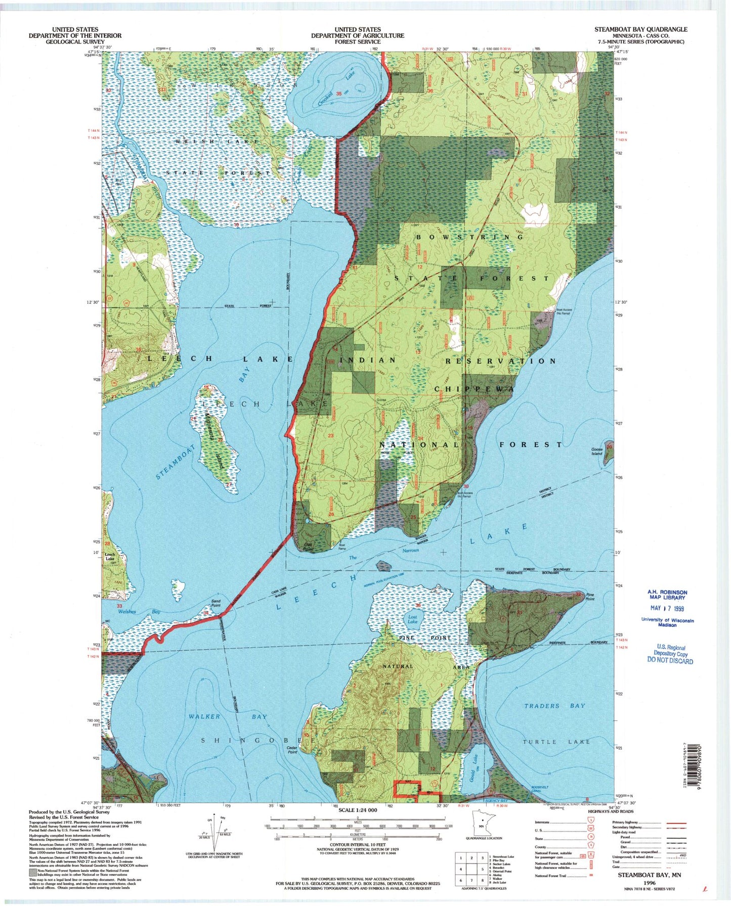 Classic USGS Steamboat Bay Minnesota 7.5'x7.5' Topo Map Image