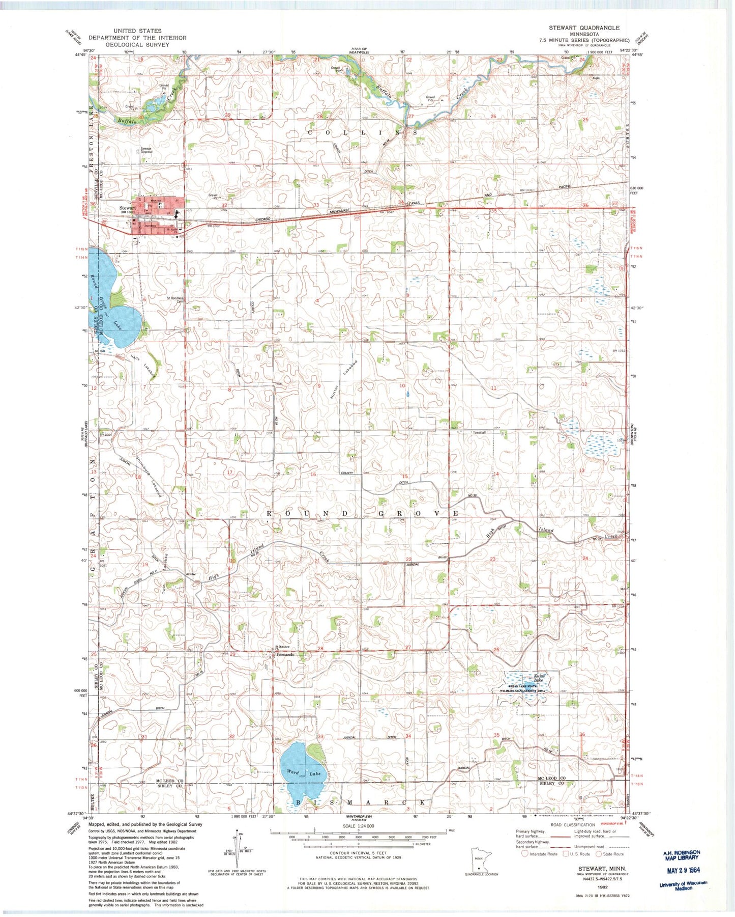 Classic USGS Stewart Minnesota 7.5'x7.5' Topo Map Image