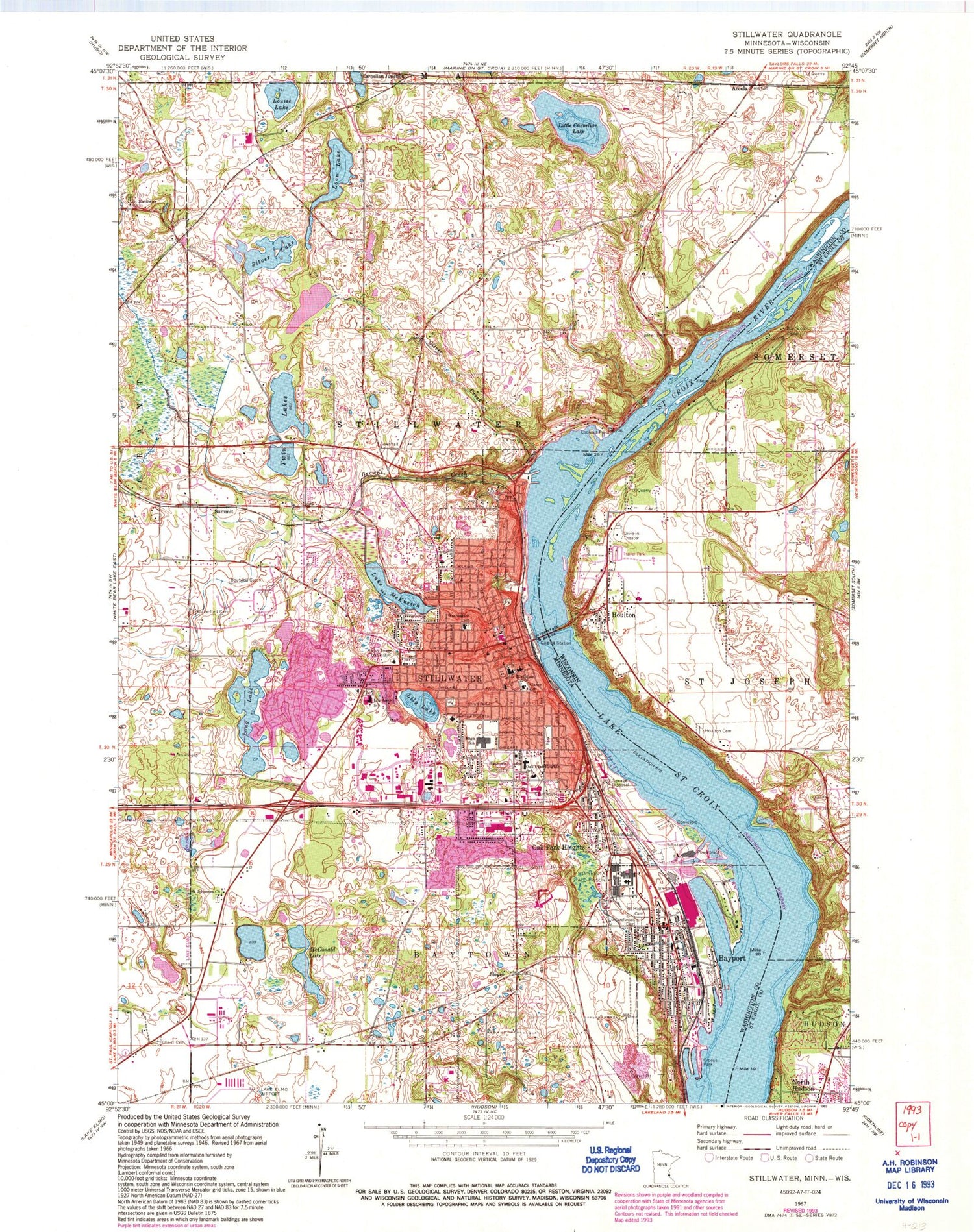 Classic USGS Stillwater Minnesota 7.5'x7.5' Topo Map Image
