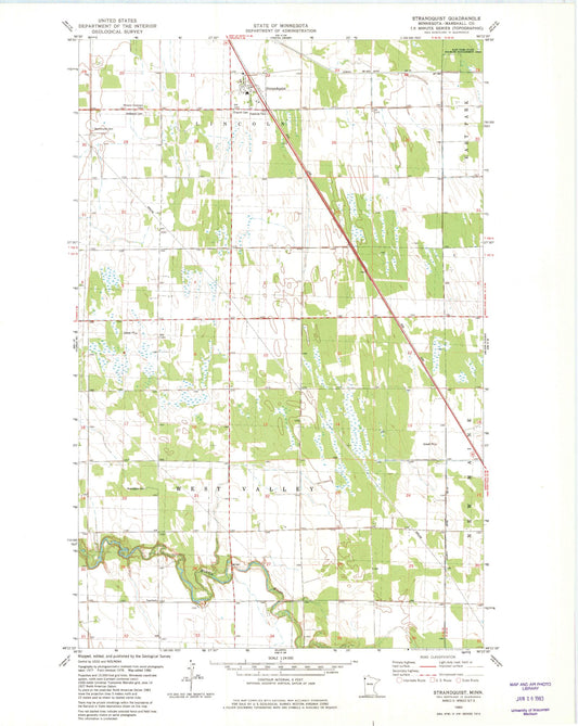 Classic USGS Strandquist Minnesota 7.5'x7.5' Topo Map Image