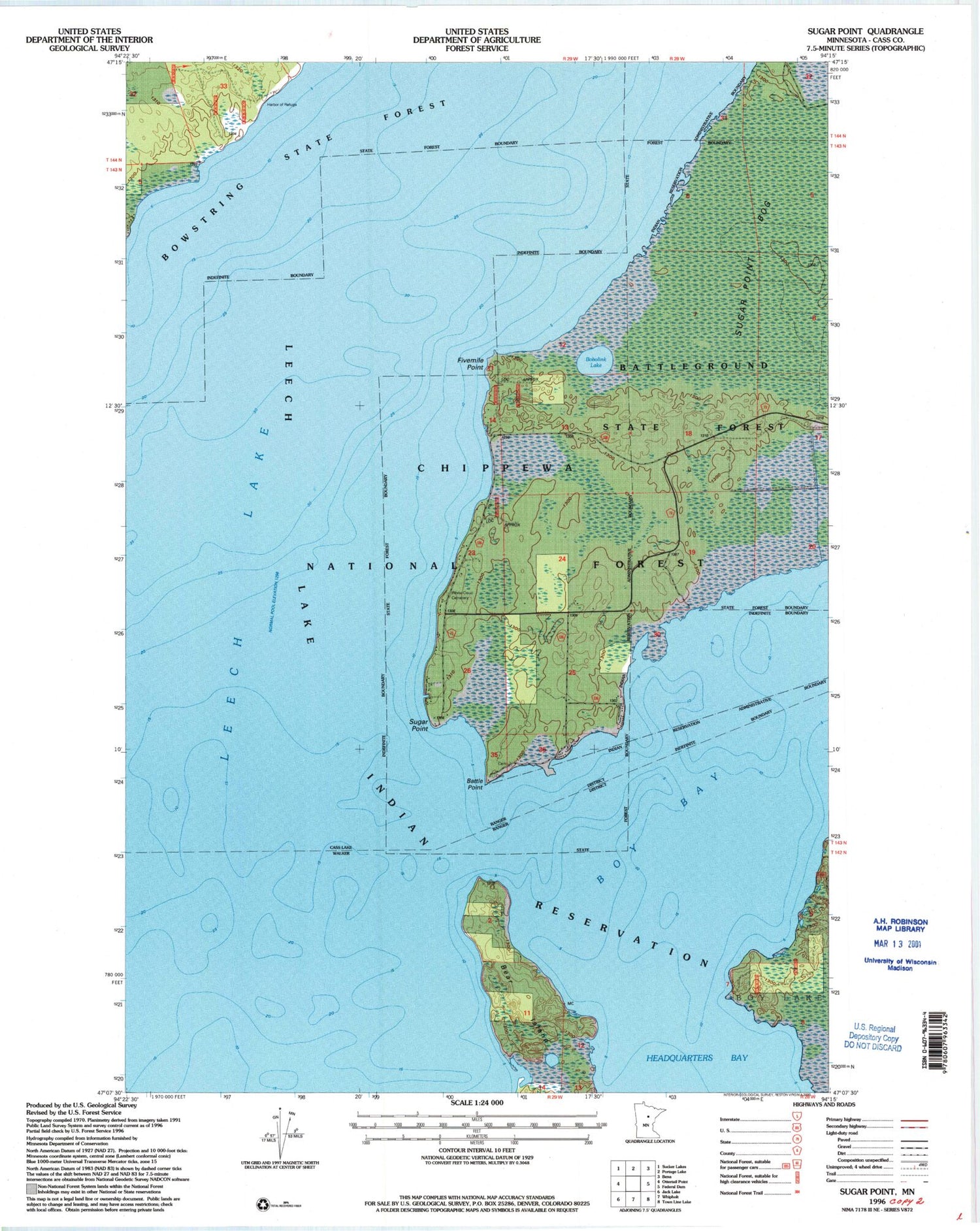 Classic USGS Sugar Point Minnesota 7.5'x7.5' Topo Map Image