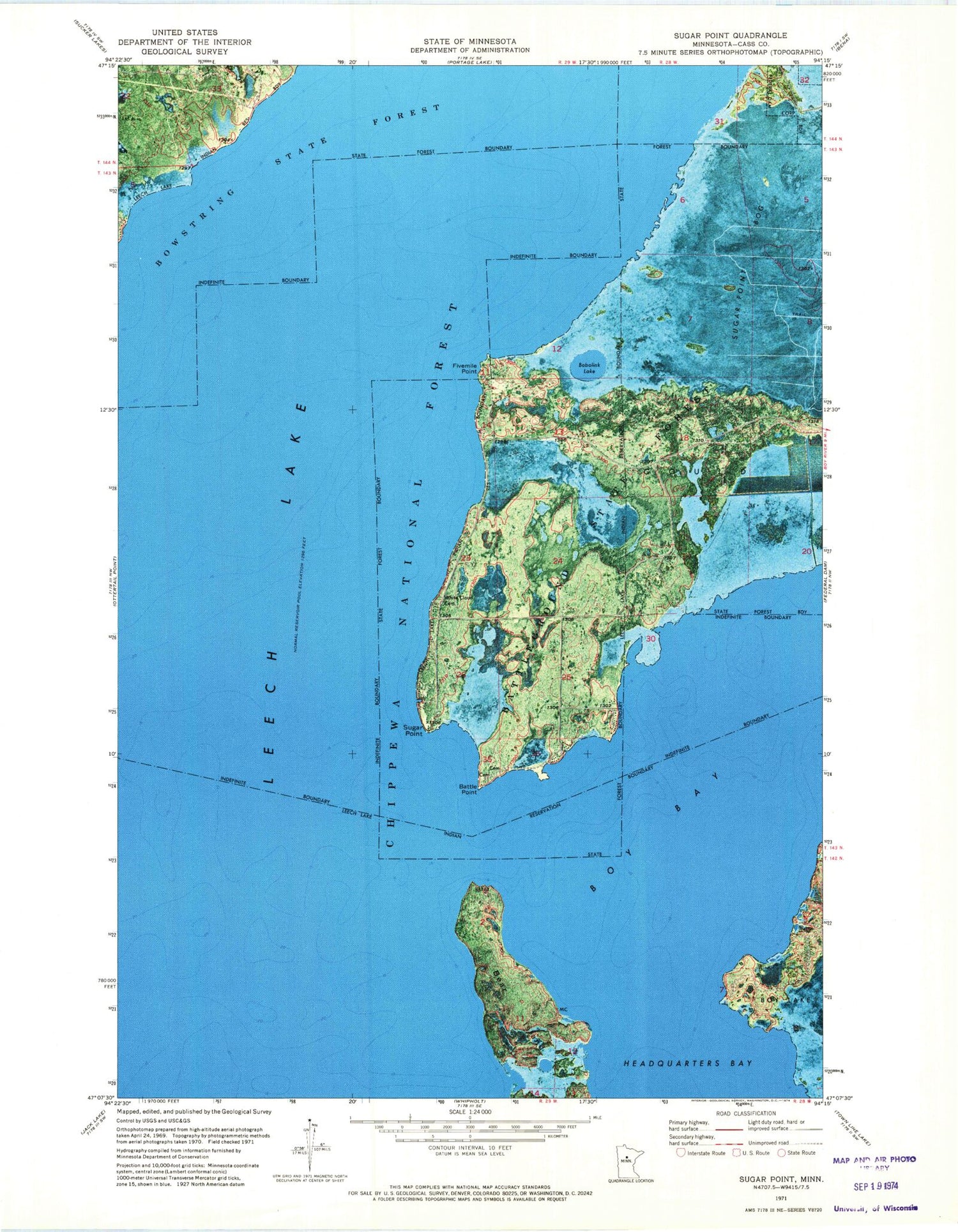 Classic USGS Sugar Point Minnesota 7.5'x7.5' Topo Map Image