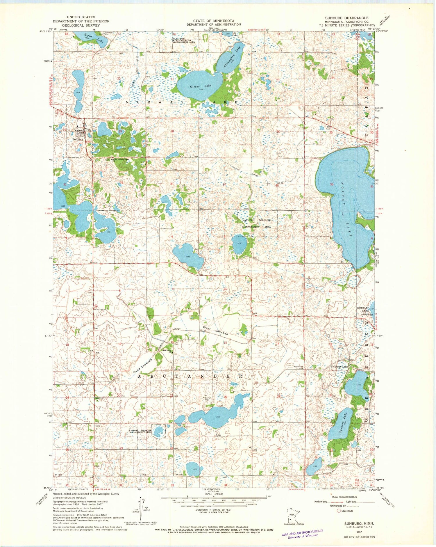 Classic USGS Sunburg Minnesota 7.5'x7.5' Topo Map Image