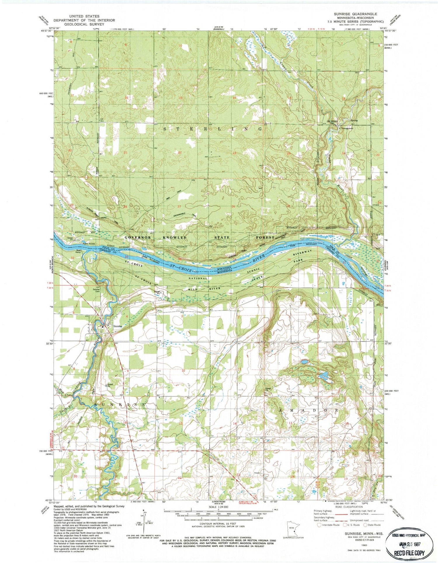 Classic USGS Sunrise Minnesota 7.5'x7.5' Topo Map Image