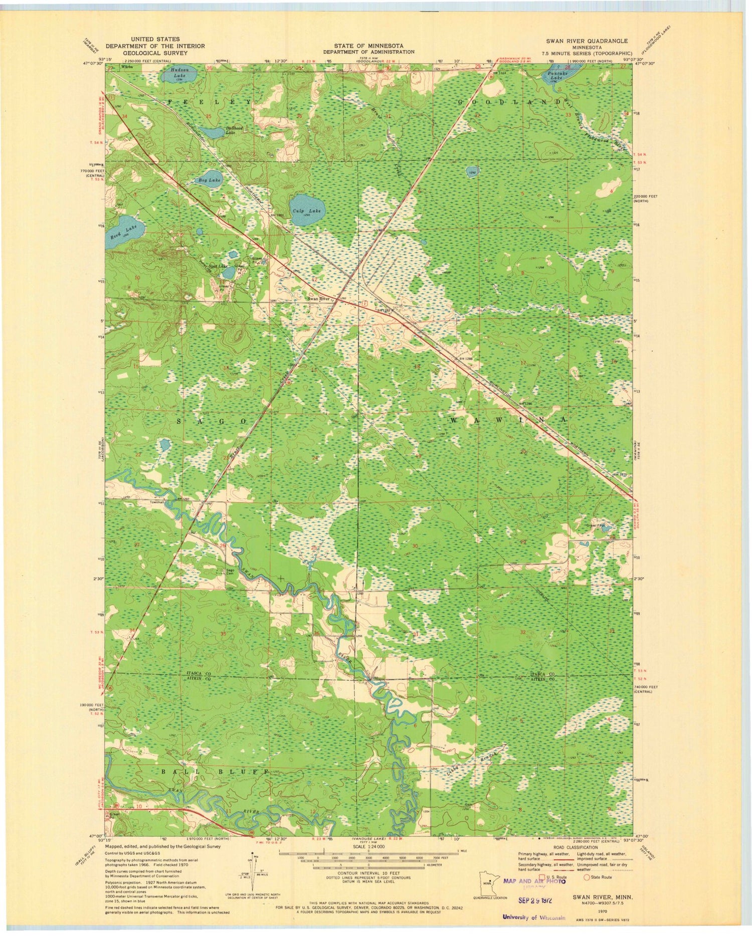 Classic USGS Swan River Minnesota 7.5'x7.5' Topo Map Image