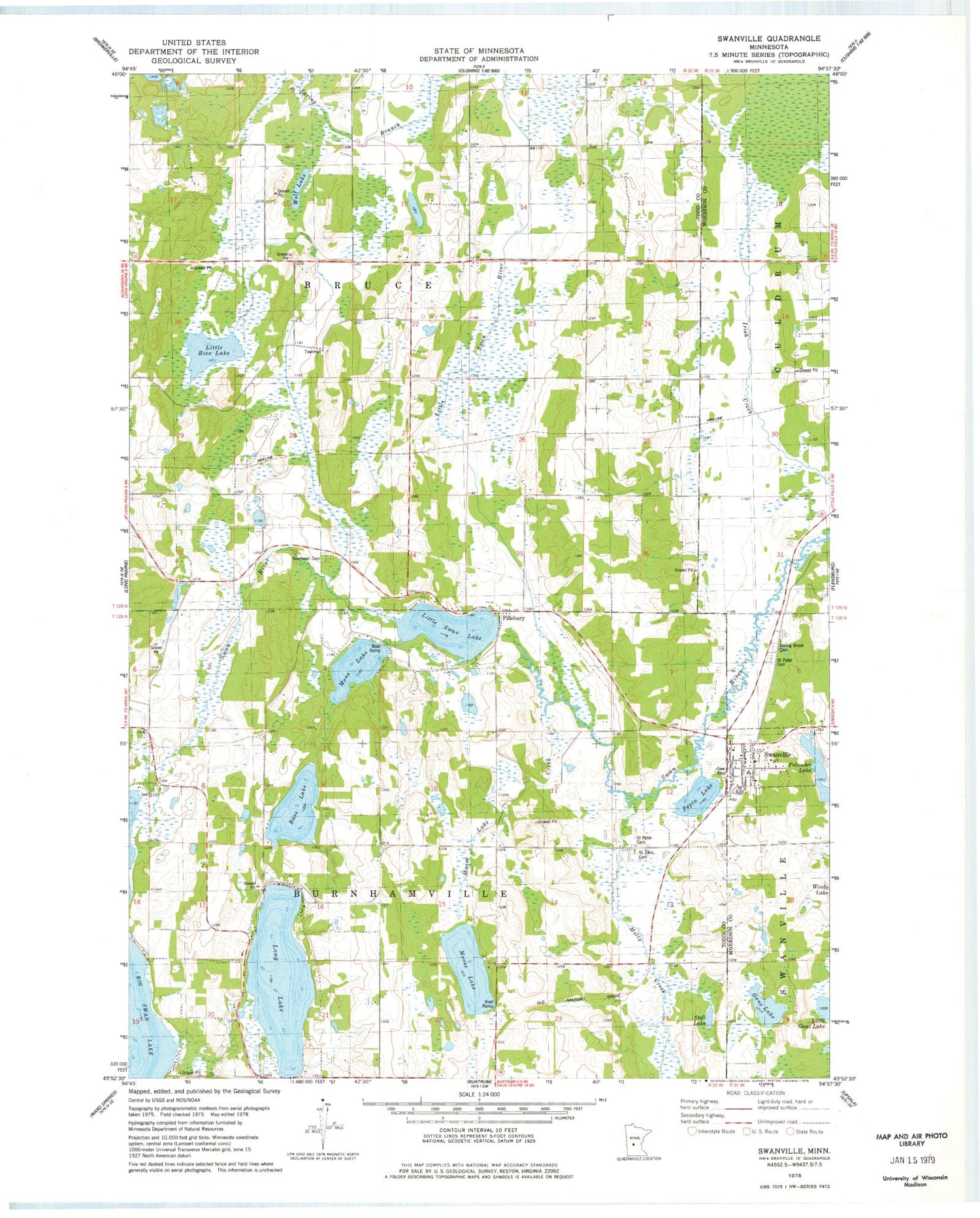 Classic USGS Swanville Minnesota 7.5'x7.5' Topo Map Image