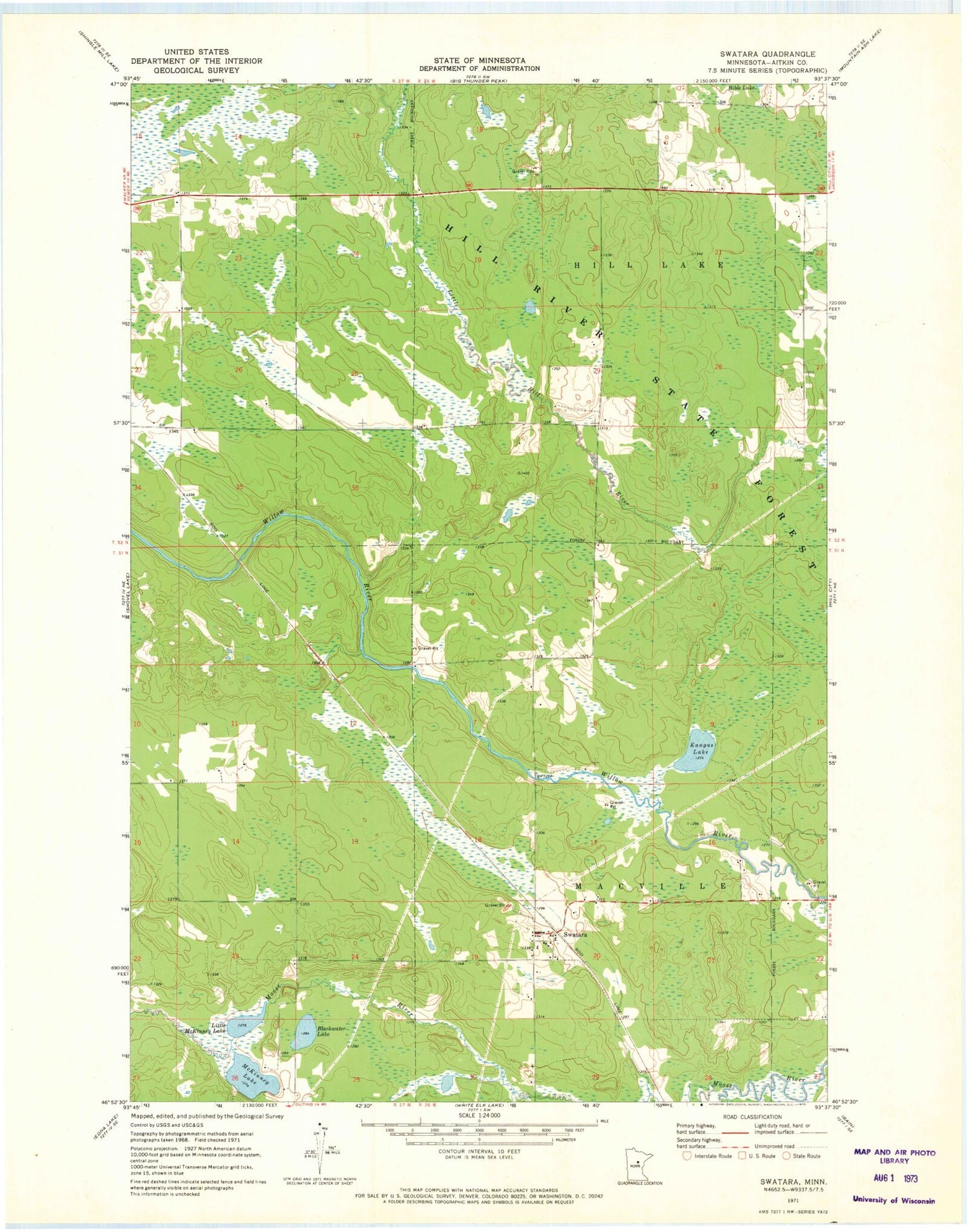 Classic USGS Swatara Minnesota 7.5'x7.5' Topo Map Image