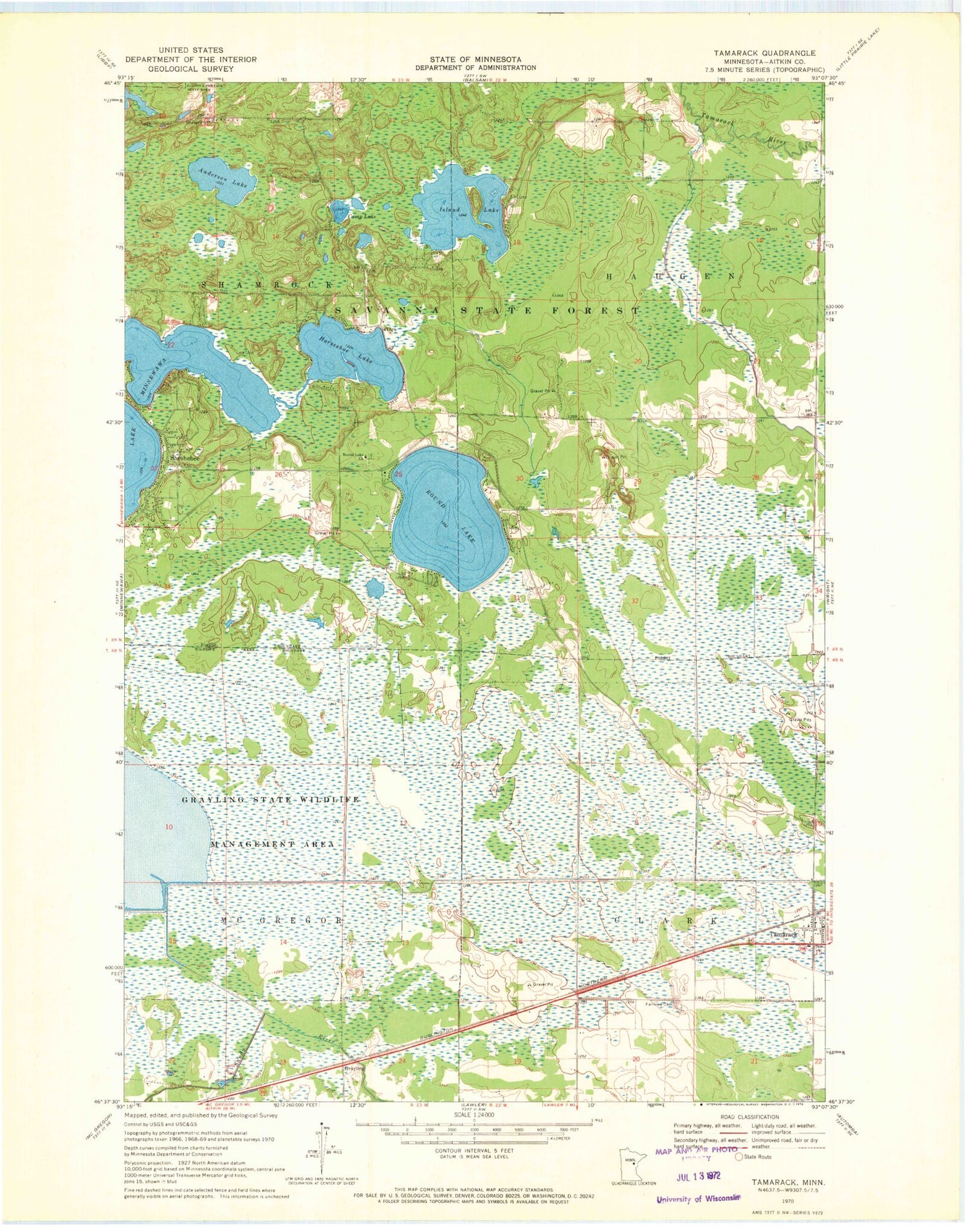 Classic USGS Tamarack Minnesota 7.5'x7.5' Topo Map Image