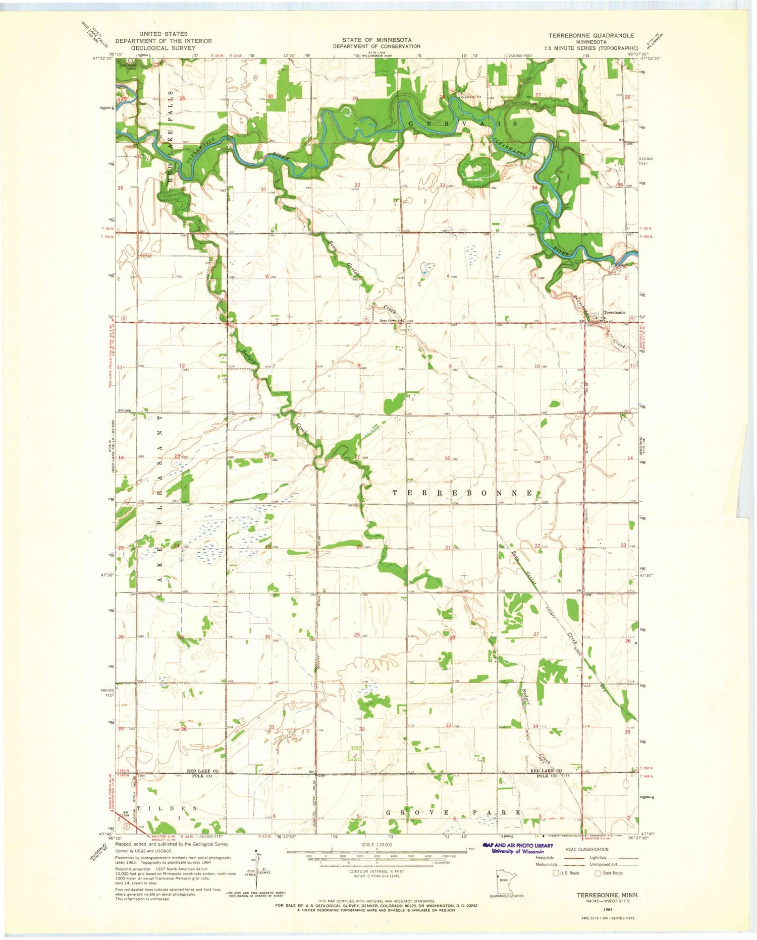 Classic USGS Terrebonne Minnesota 7.5'x7.5' Topo Map Image