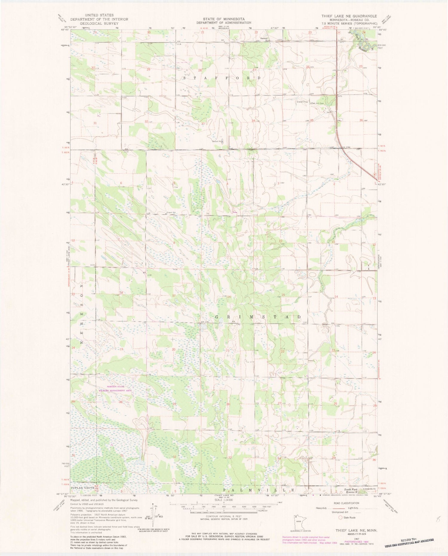 Classic USGS Thief Lake NE Minnesota 7.5'x7.5' Topo Map Image
