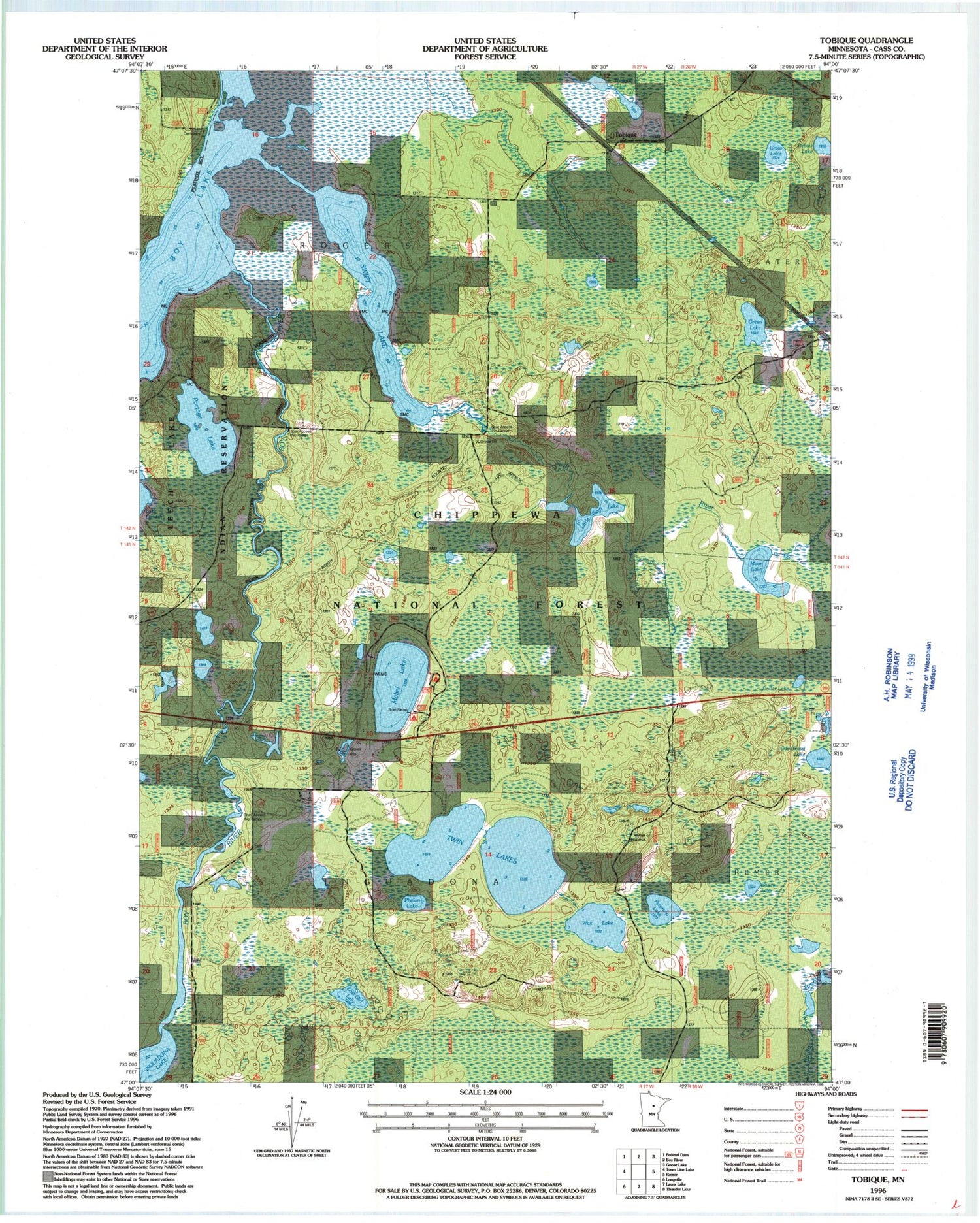 Classic USGS Tobique Minnesota 7.5'x7.5' Topo Map Image