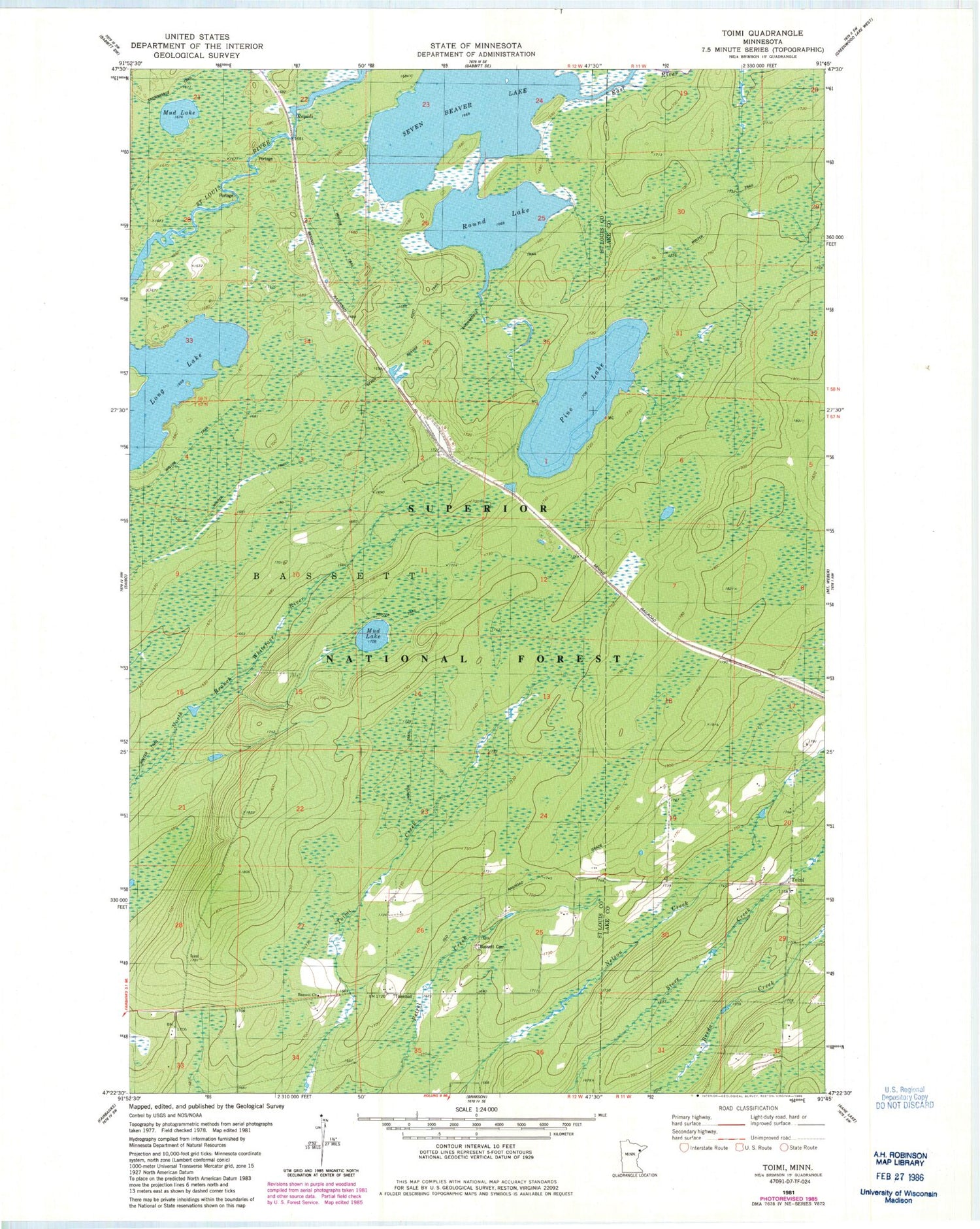 Classic USGS Toimi Minnesota 7.5'x7.5' Topo Map Image