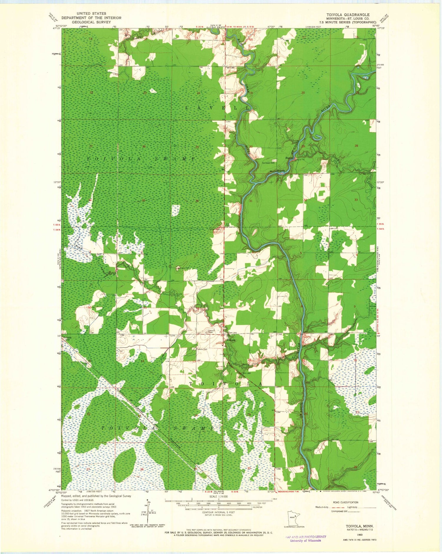 Classic USGS Toivola Minnesota 7.5'x7.5' Topo Map Image