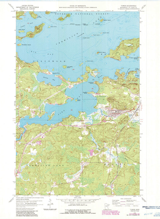 Classic USGS Tower Minnesota 7.5'x7.5' Topo Map Image
