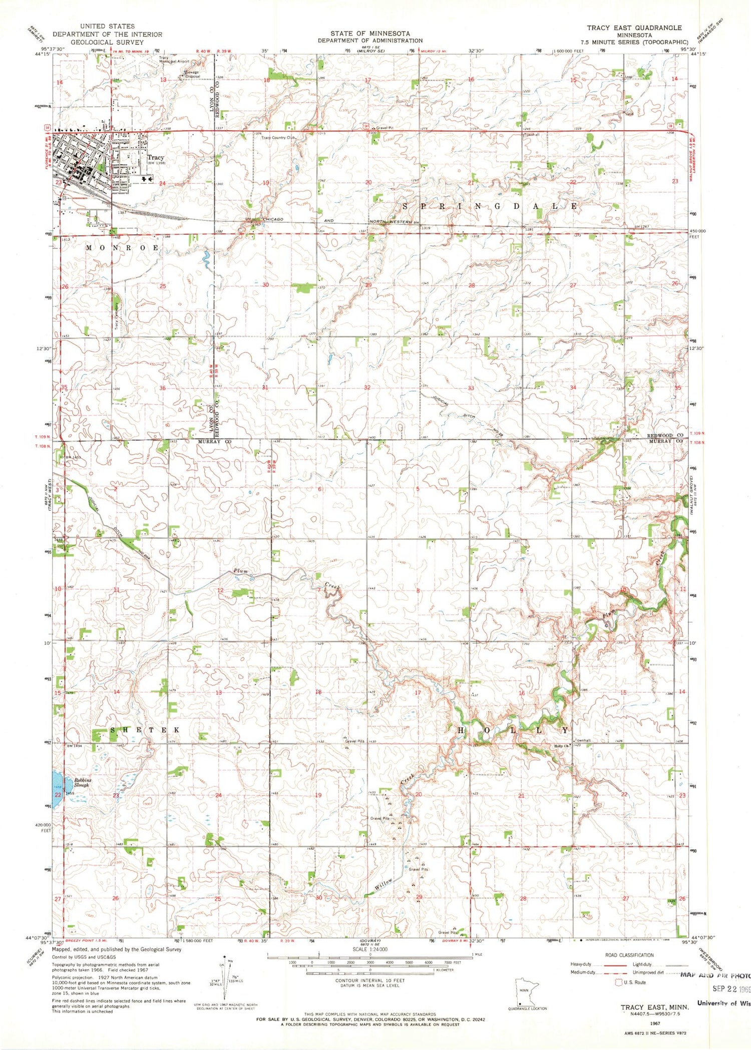 Classic USGS Tracy East Minnesota 7.5'x7.5' Topo Map Image