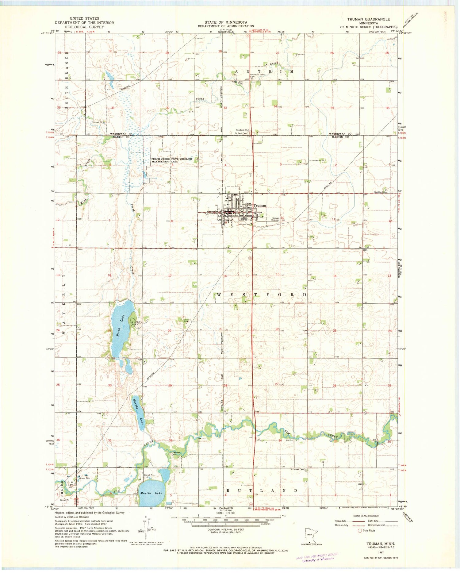 Classic USGS Truman Minnesota 7.5'x7.5' Topo Map Image