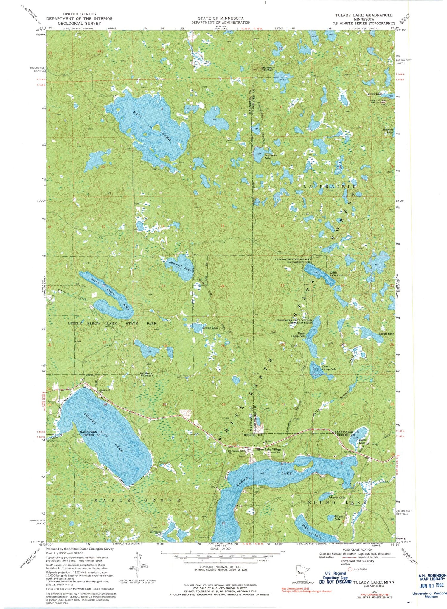 Classic USGS Tulaby Lake Minnesota 7.5'x7.5' Topo Map Image