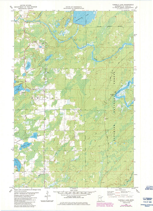 Classic USGS Turpela Lake Minnesota 7.5'x7.5' Topo Map Image