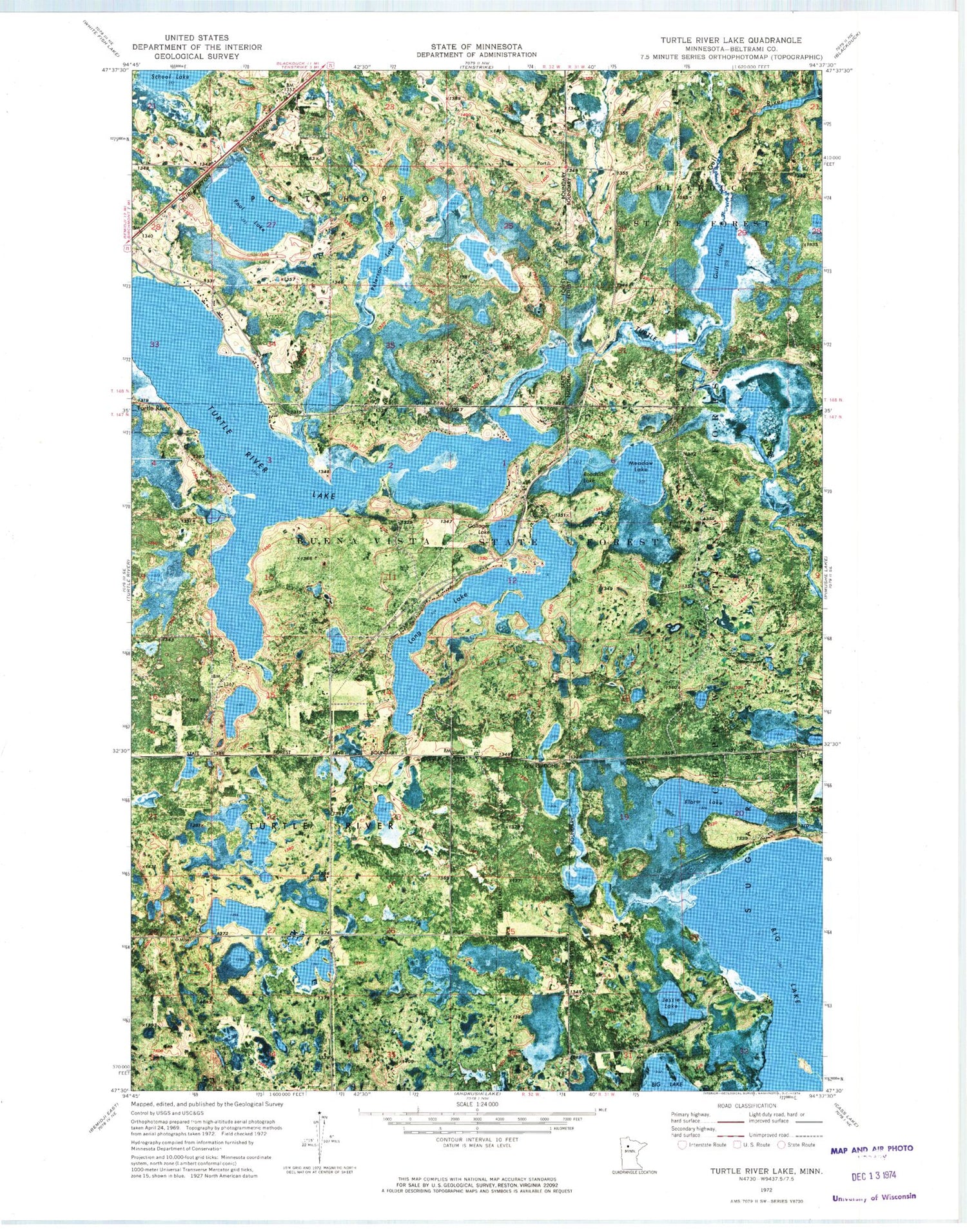 Classic USGS Turtle River Lake Minnesota 7.5'x7.5' Topo Map Image
