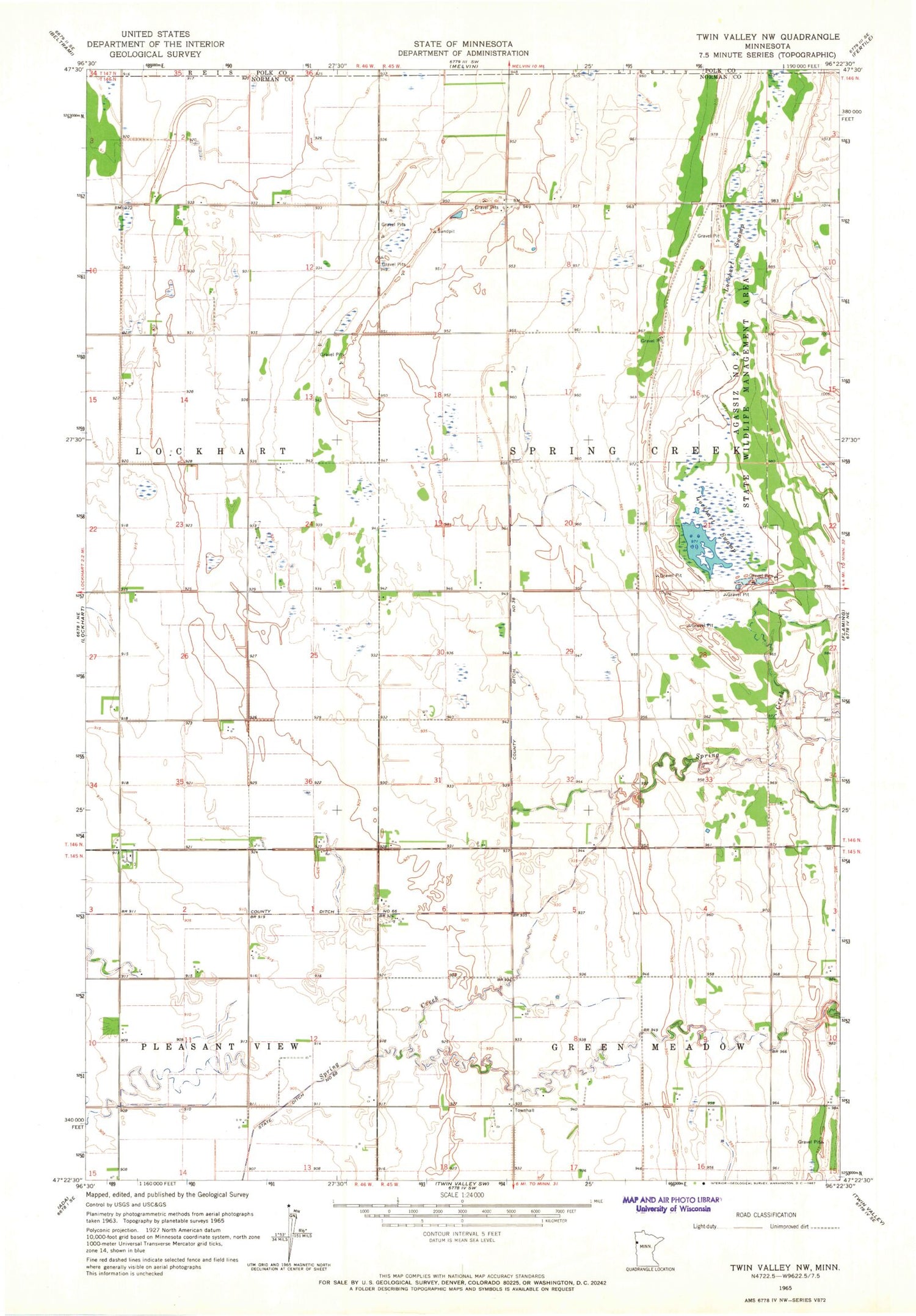 Classic USGS Twin Valley NW Minnesota 7.5'x7.5' Topo Map Image