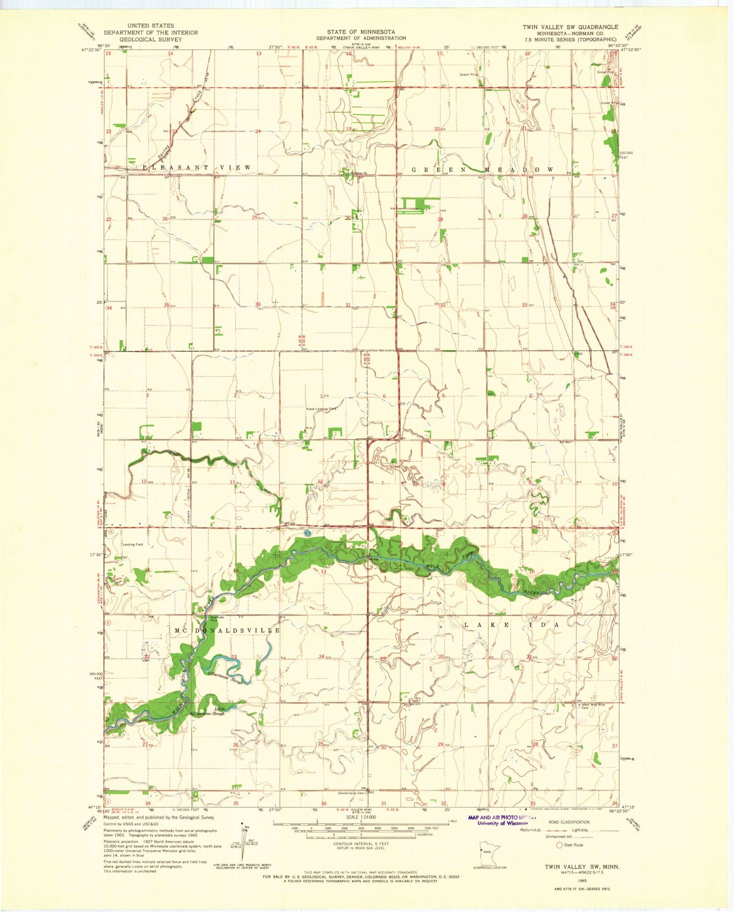 Classic USGS Twin Valley SW Minnesota 7.5'x7.5' Topo Map Image
