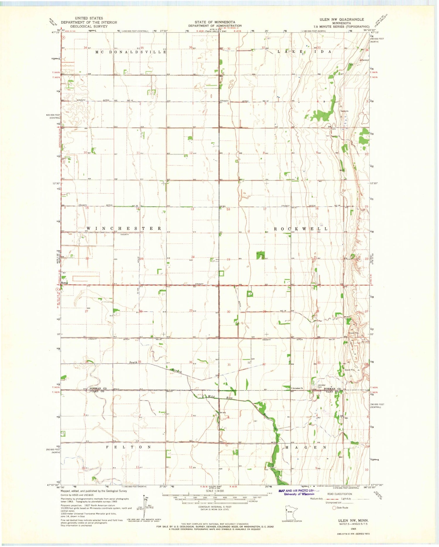 Classic USGS Ulen NW Minnesota 7.5'x7.5' Topo Map Image