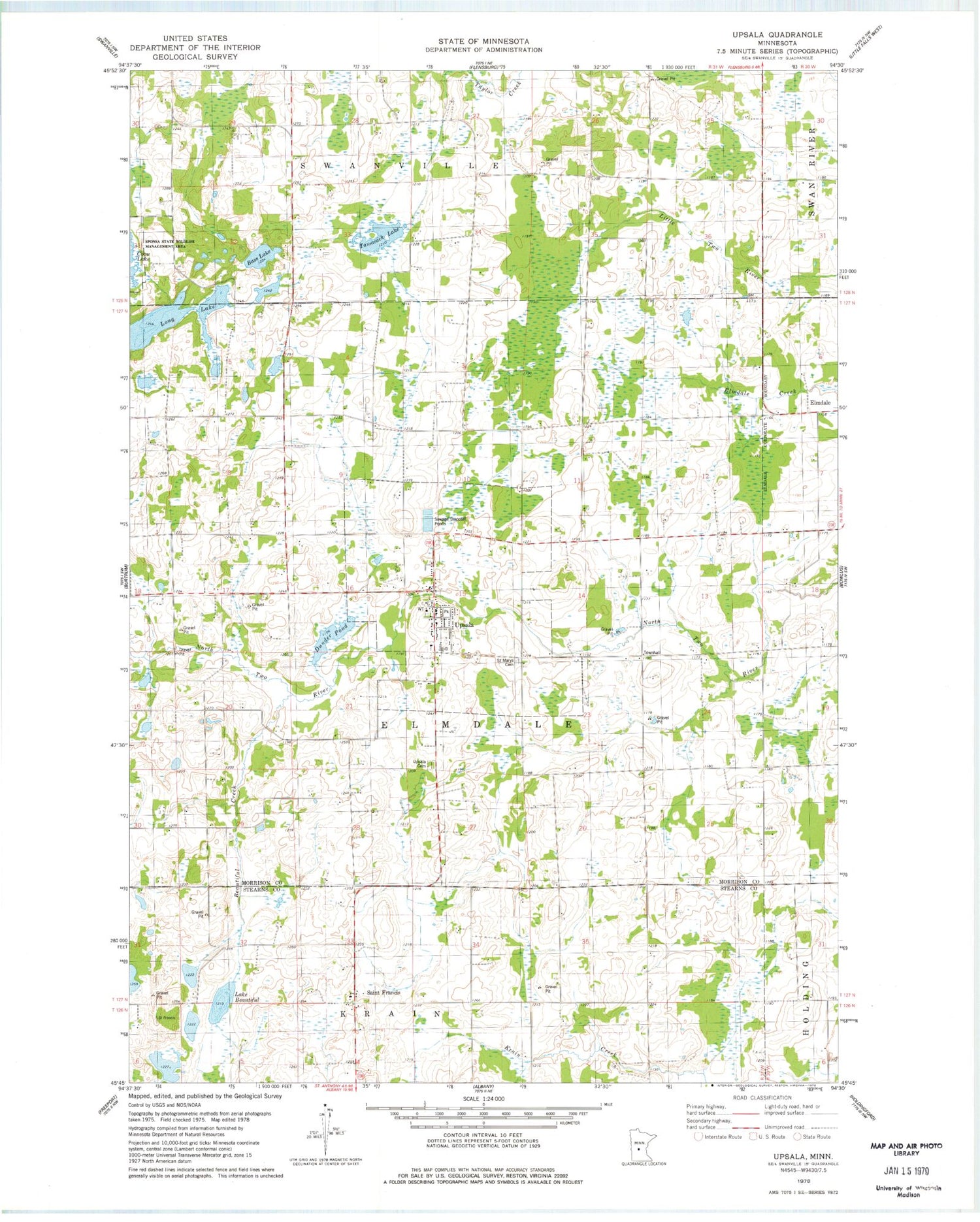Classic USGS Upsala Minnesota 7.5'x7.5' Topo Map Image