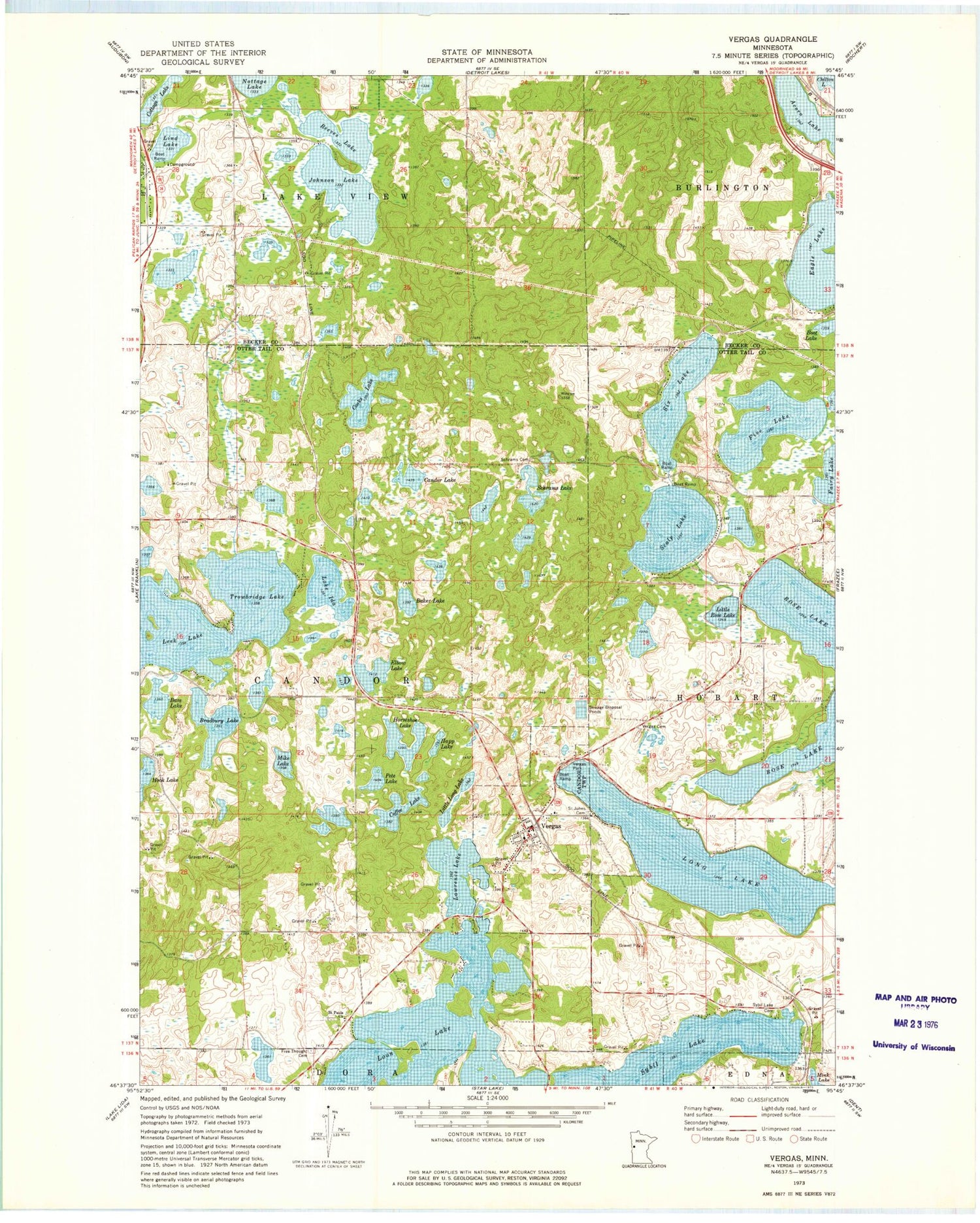 Classic USGS Vergas Minnesota 7.5'x7.5' Topo Map Image