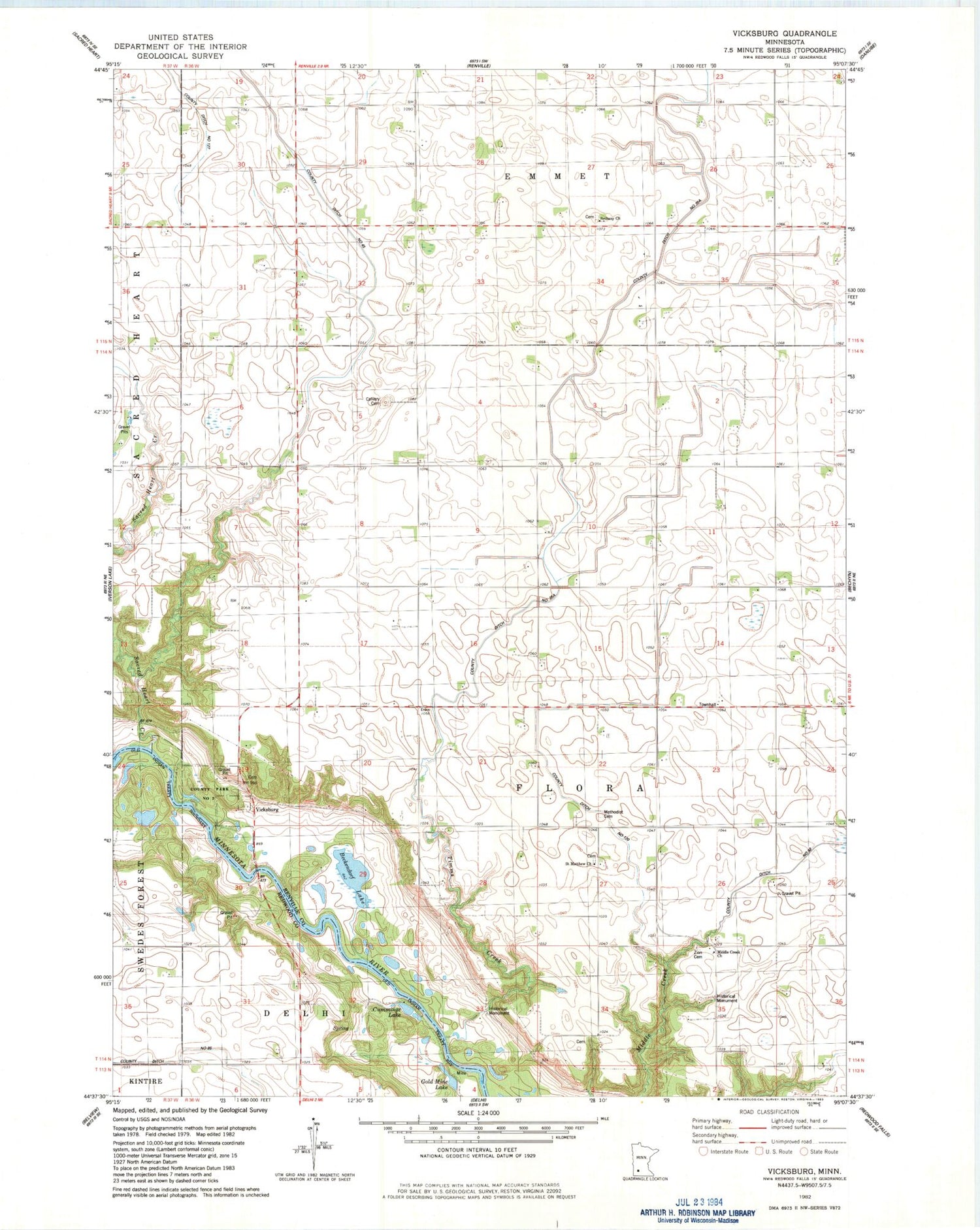 Classic USGS Vicksburg Minnesota 7.5'x7.5' Topo Map Image