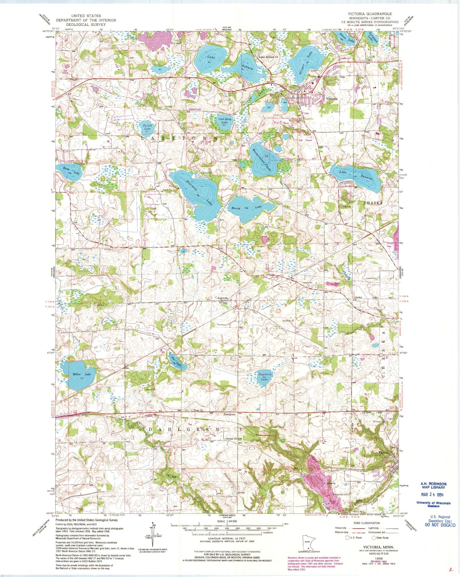 Classic USGS Victoria Minnesota 7.5'x7.5' Topo Map Image