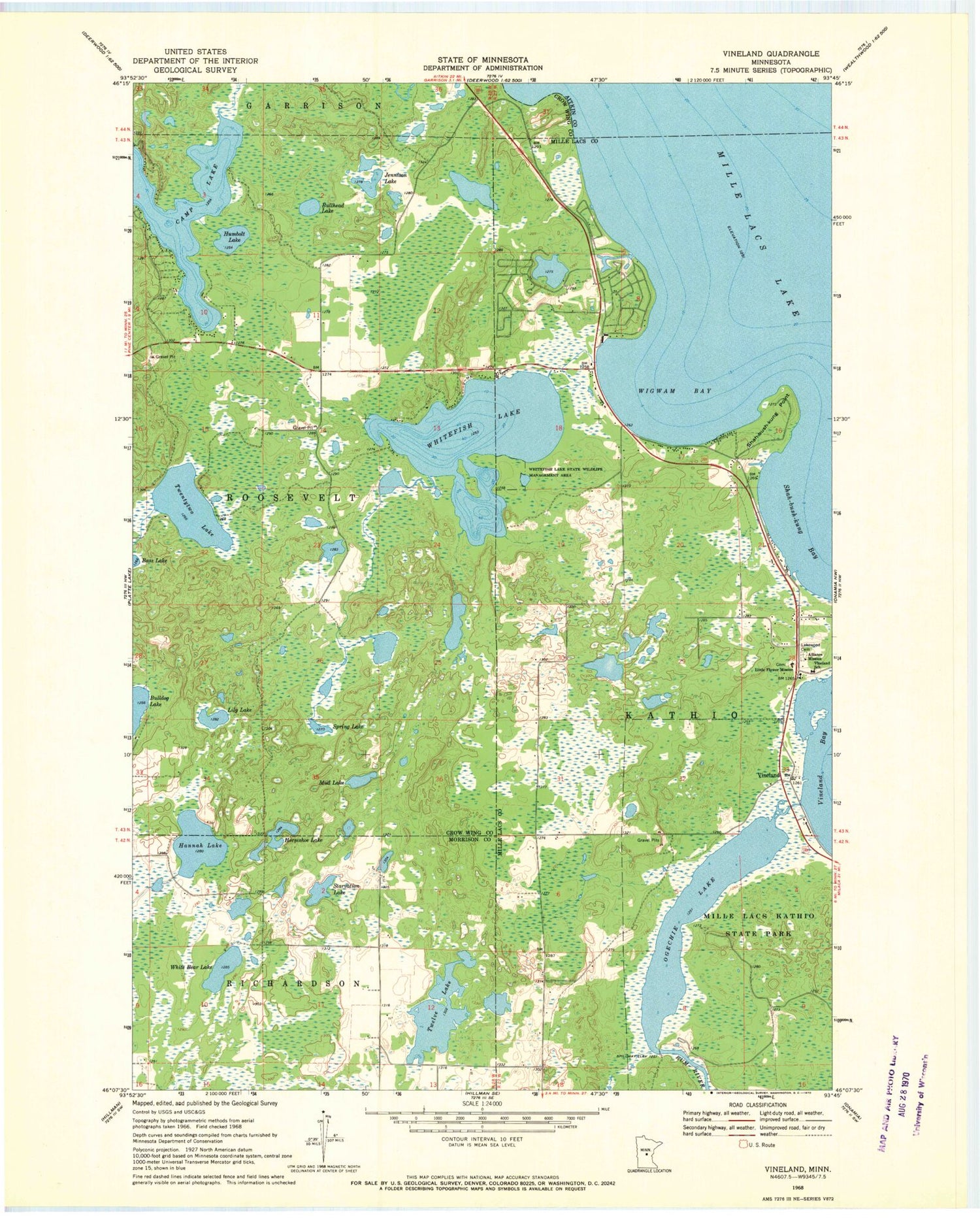 Classic USGS Vineland Minnesota 7.5'x7.5' Topo Map Image