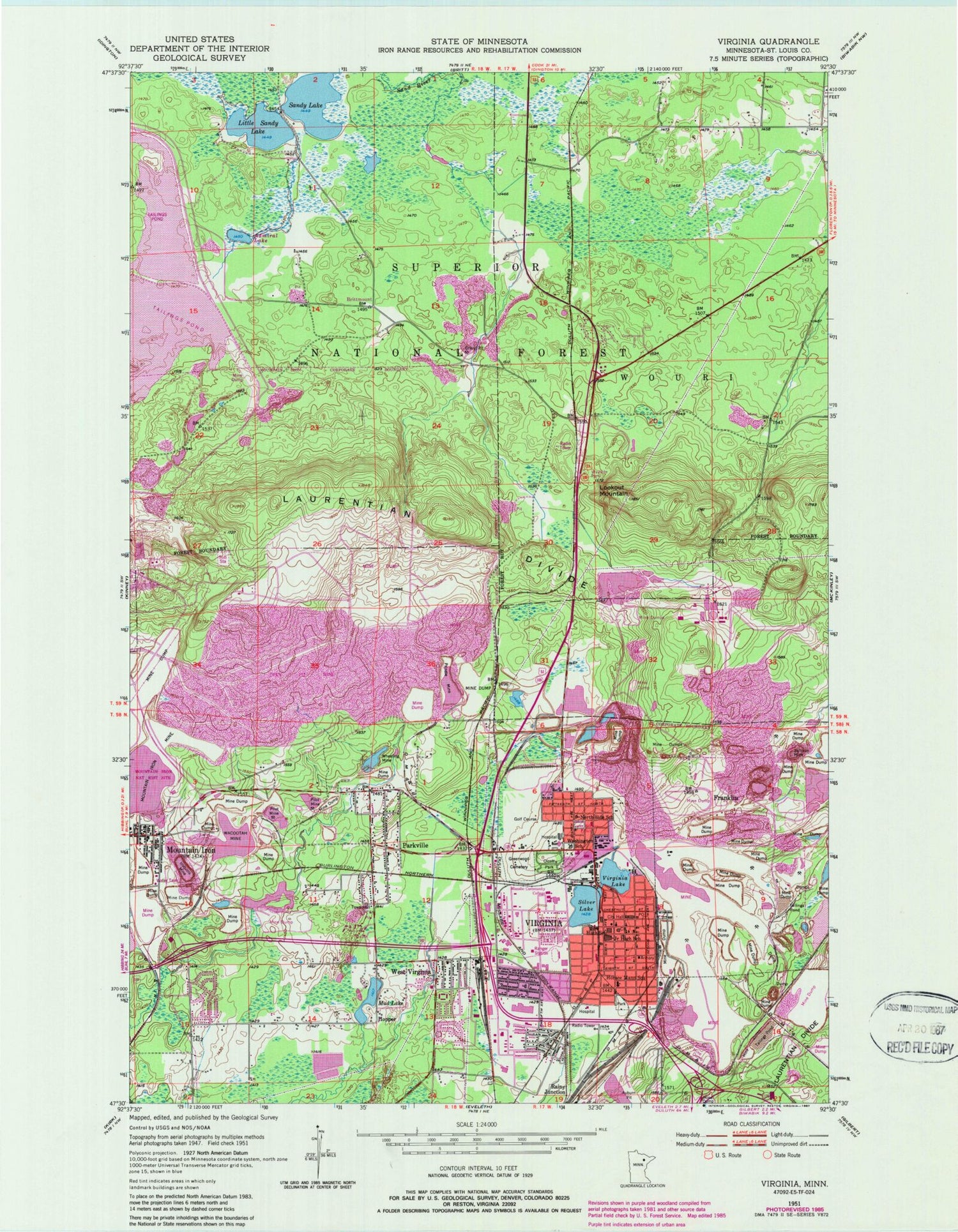 Classic USGS Virginia Minnesota 7.5'x7.5' Topo Map Image