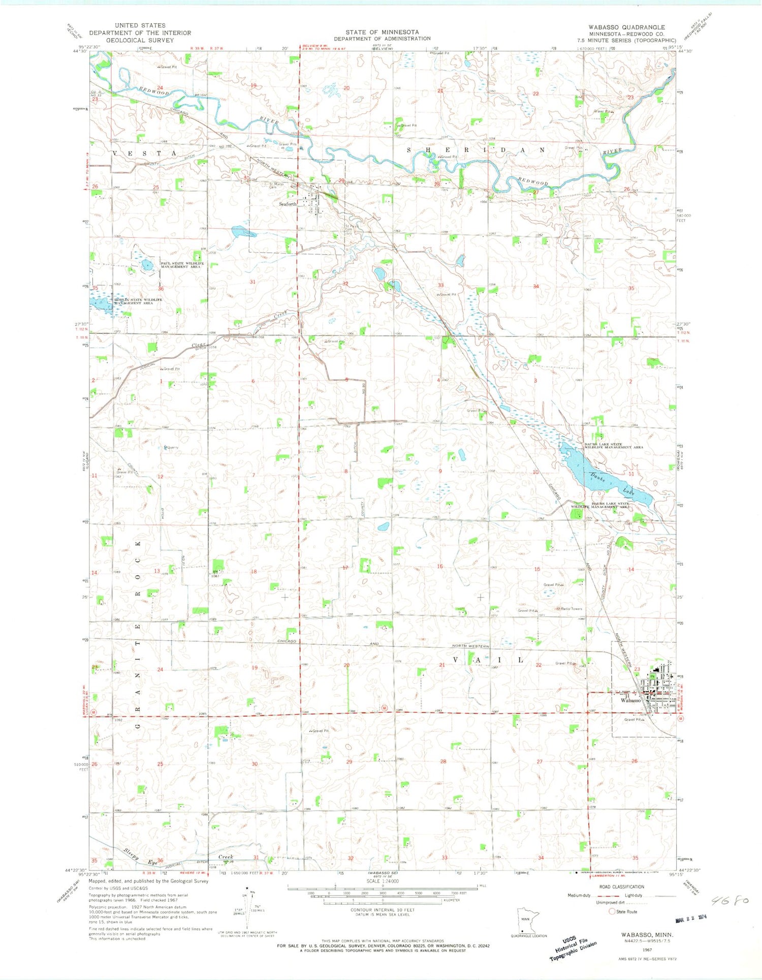 Classic USGS Wabasso Minnesota 7.5'x7.5' Topo Map Image