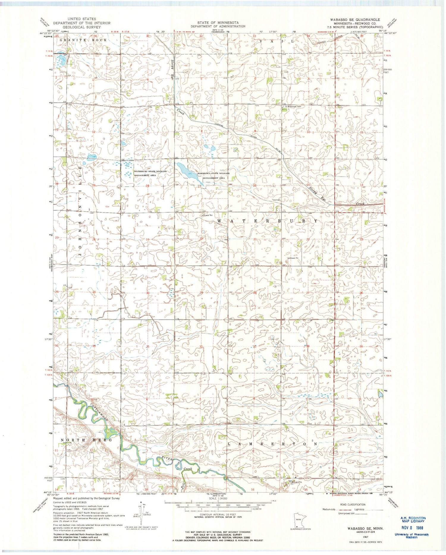Classic USGS Wabasso SE Minnesota 7.5'x7.5' Topo Map Image