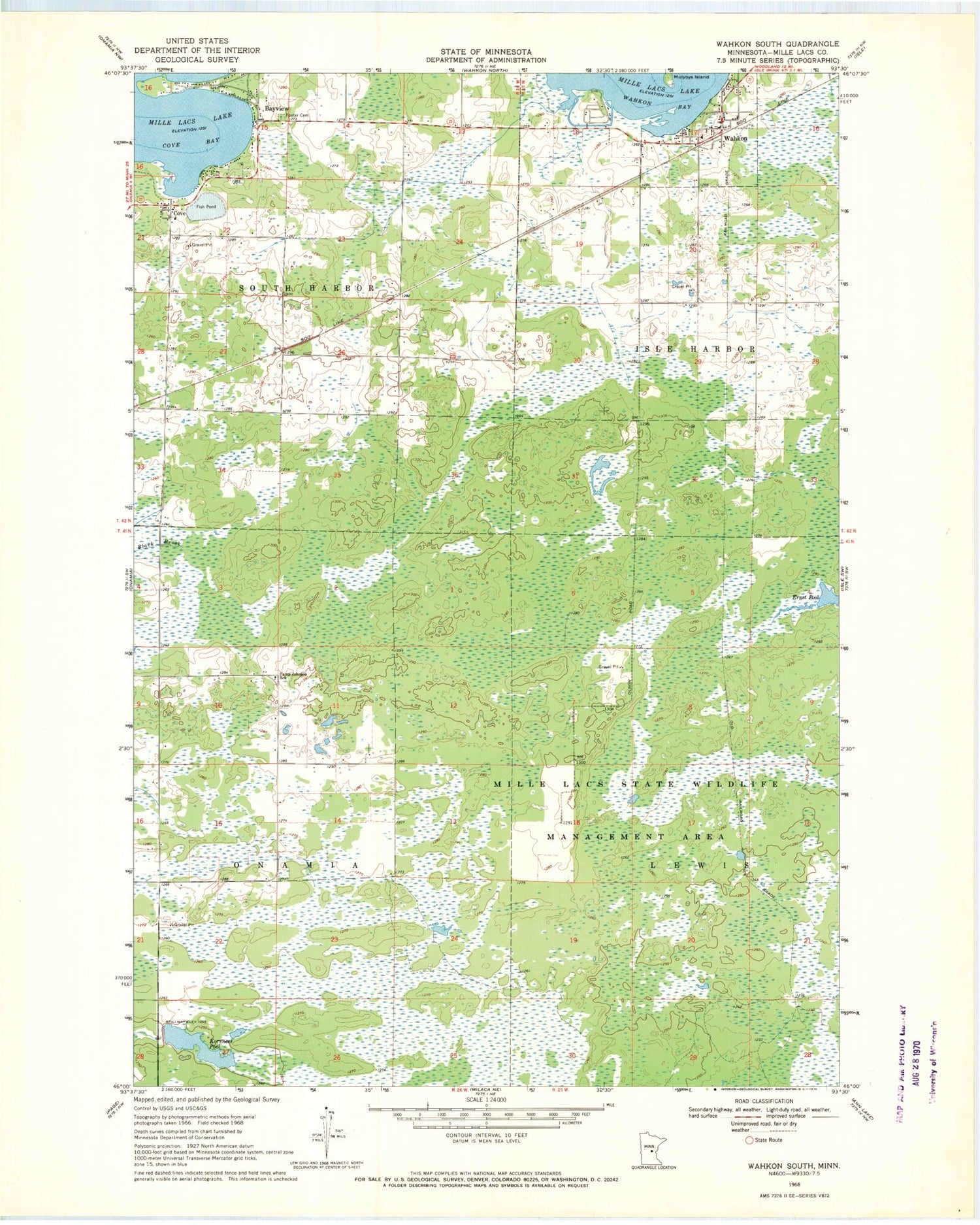 Classic USGS Wahkon South Minnesota 7.5'x7.5' Topo Map Image