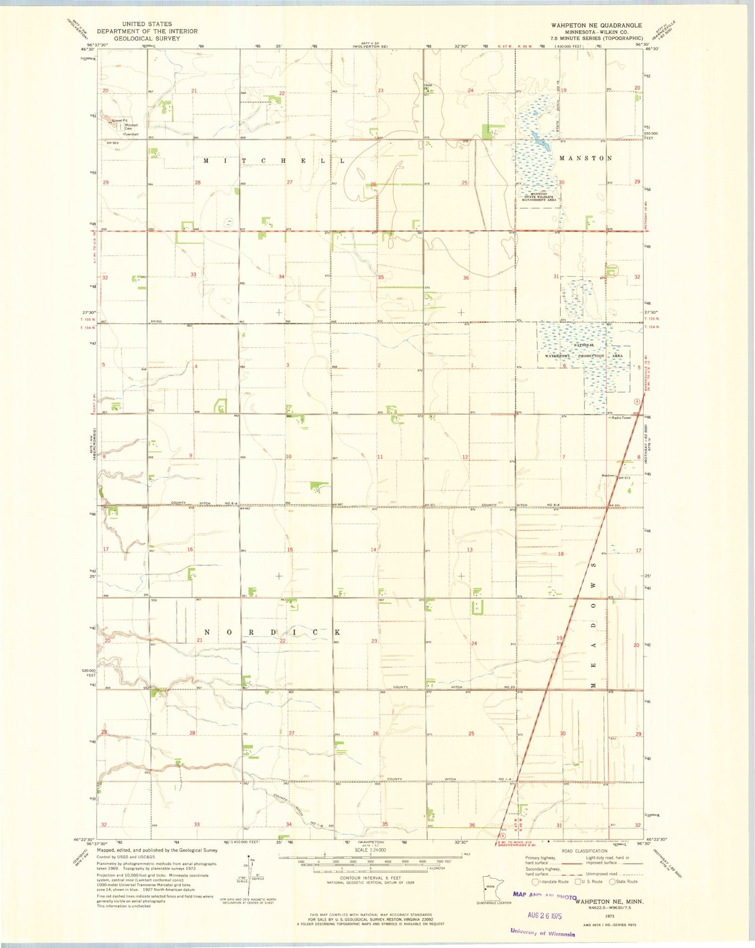 Classic USGS Wahpeton NE Minnesota 7.5'x7.5' Topo Map Image