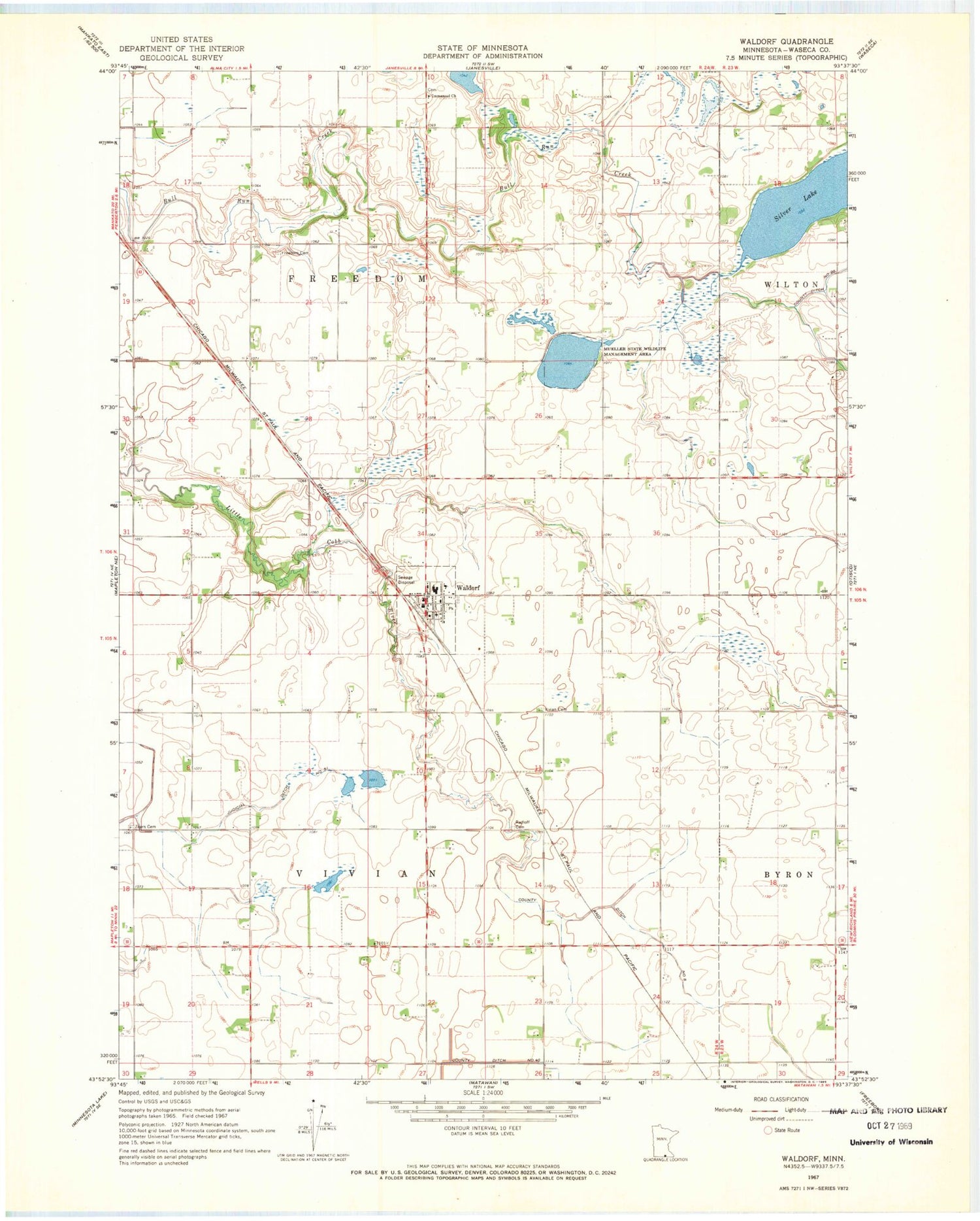 Classic USGS Waldorf Minnesota 7.5'x7.5' Topo Map Image