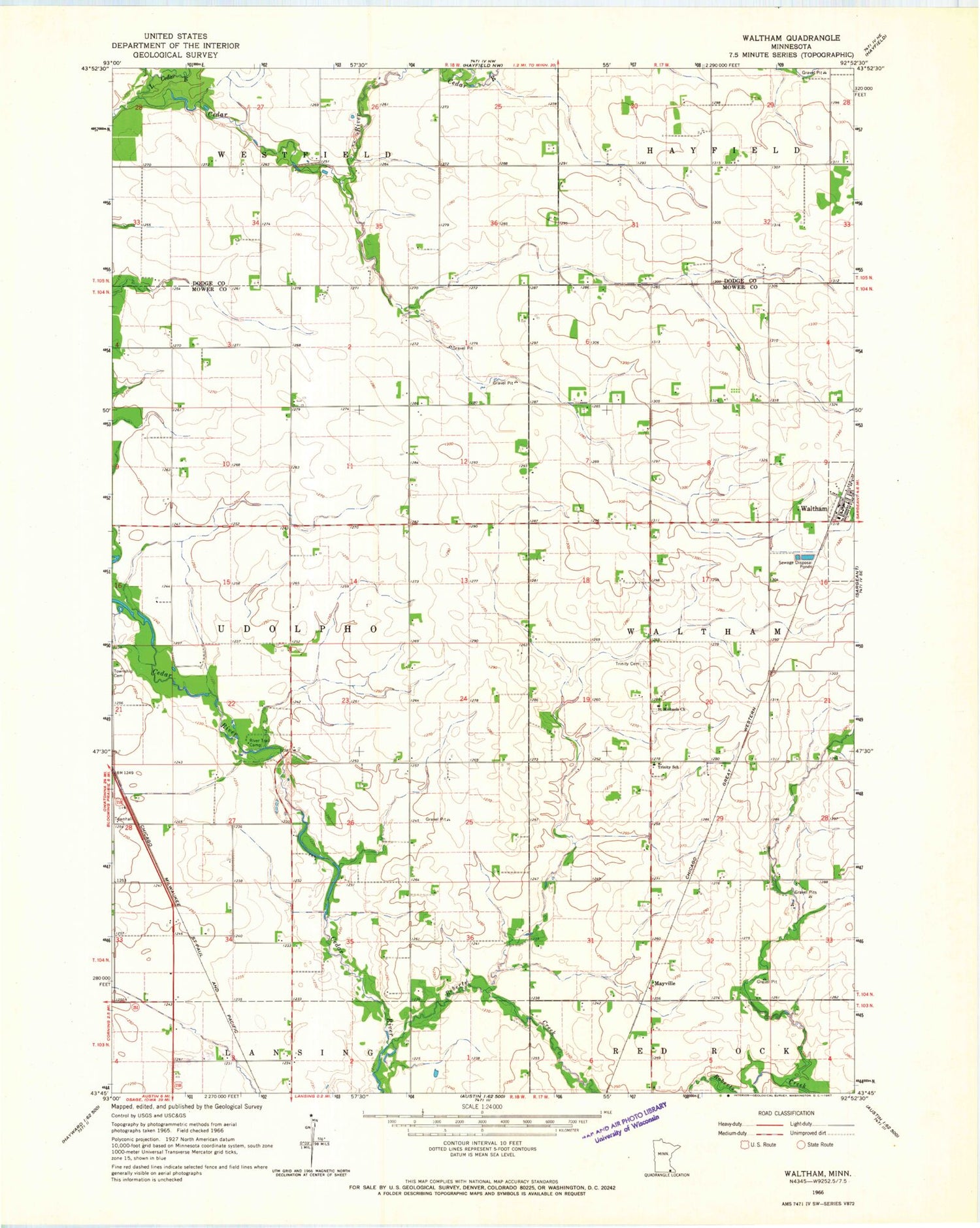 Classic USGS Waltham Minnesota 7.5'x7.5' Topo Map Image
