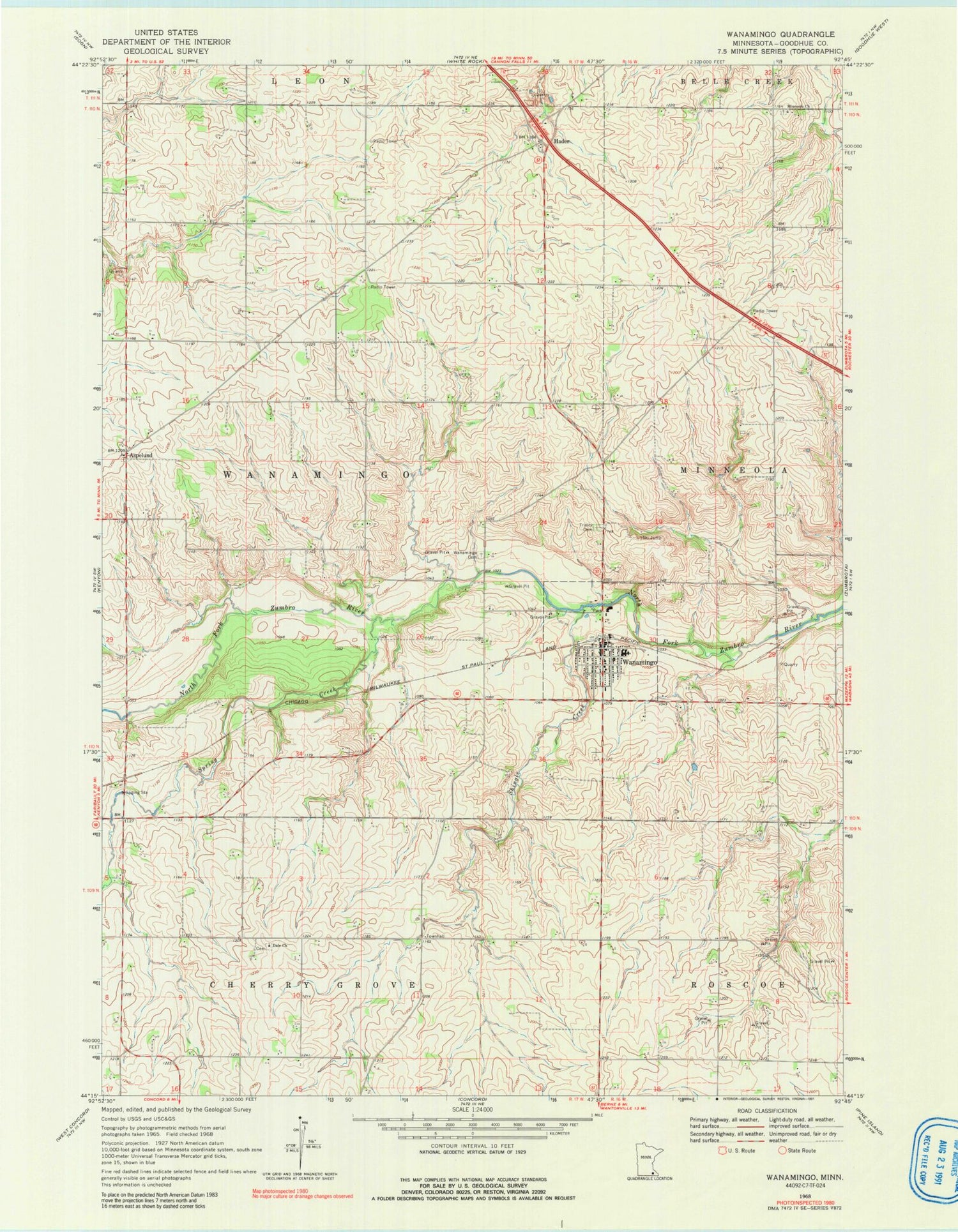 Classic USGS Wanamingo Minnesota 7.5'x7.5' Topo Map Image