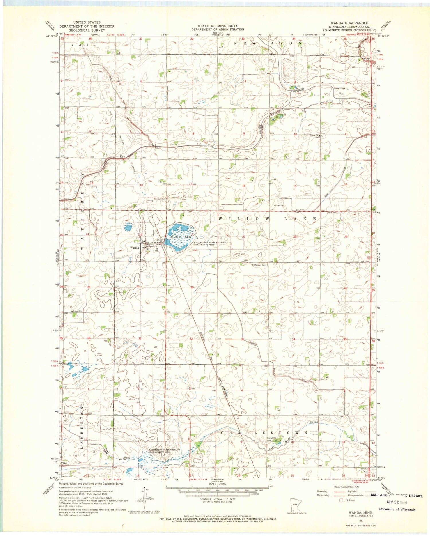 Classic USGS Wanda Minnesota 7.5'x7.5' Topo Map Image