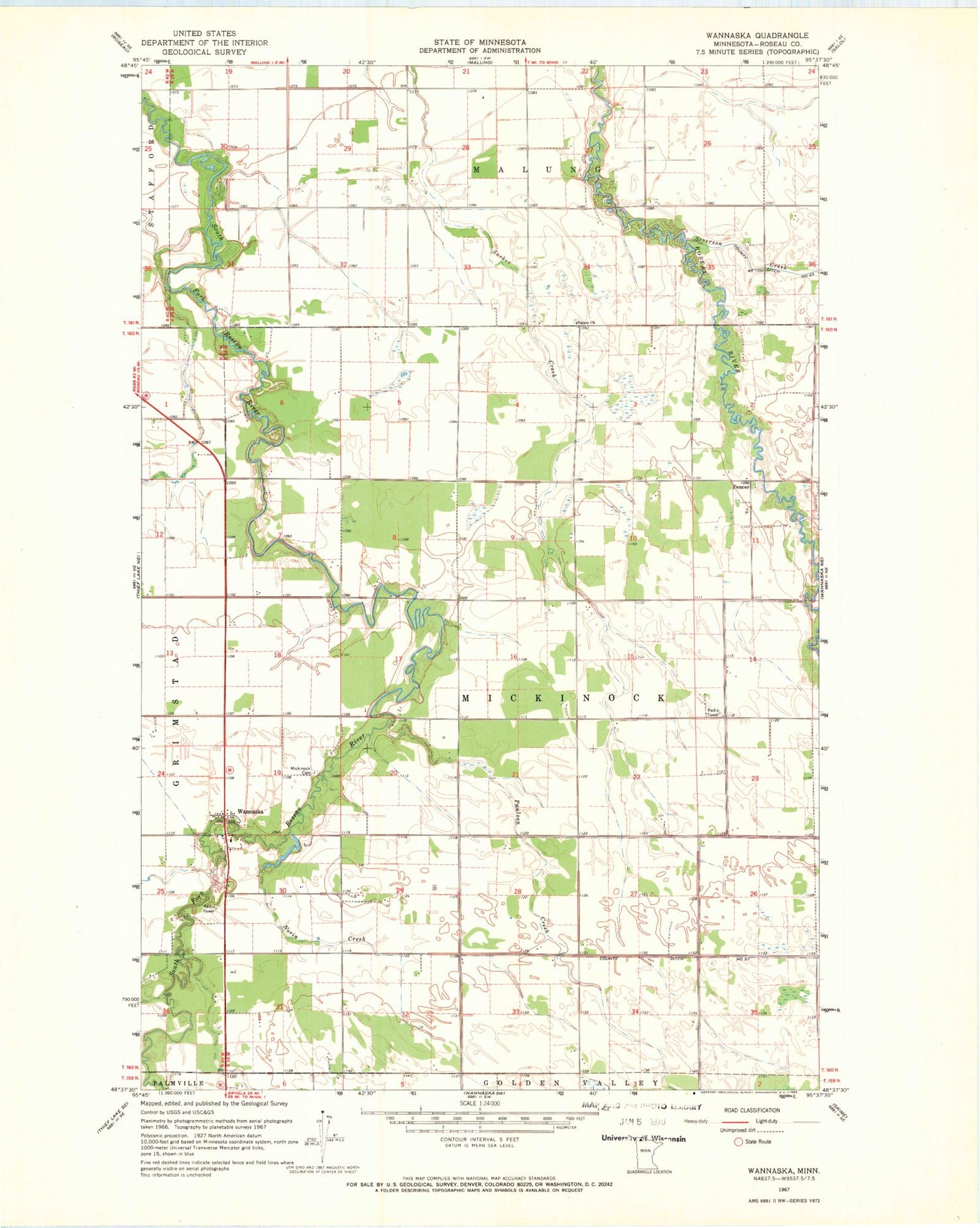 Classic USGS Wannaska Minnesota 7.5'x7.5' Topo Map Image