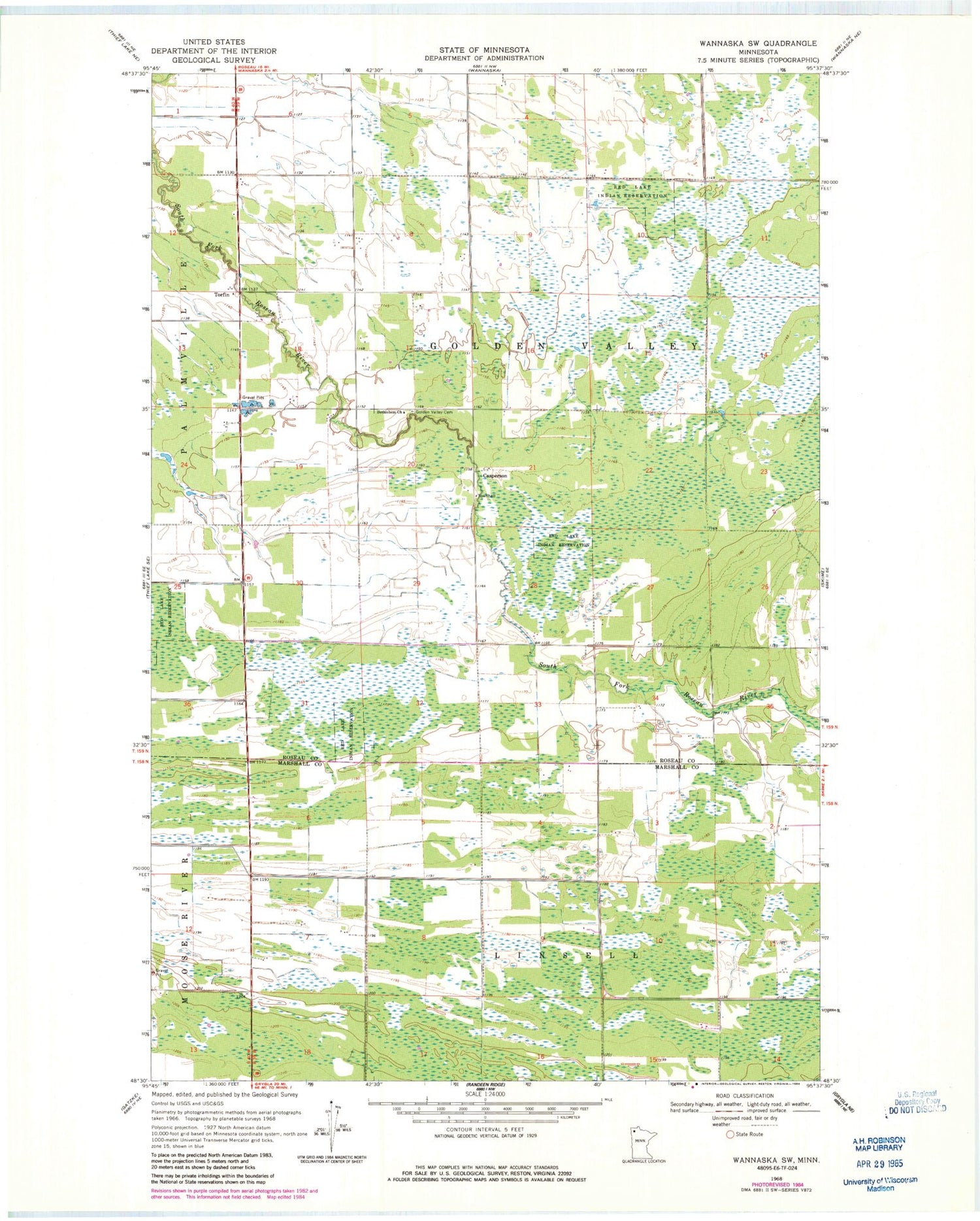 Classic USGS Wannaska SW Minnesota 7.5'x7.5' Topo Map Image