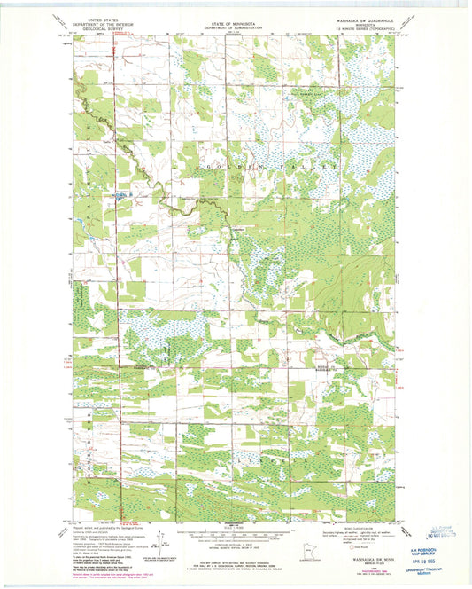 Classic USGS Wannaska SW Minnesota 7.5'x7.5' Topo Map Image