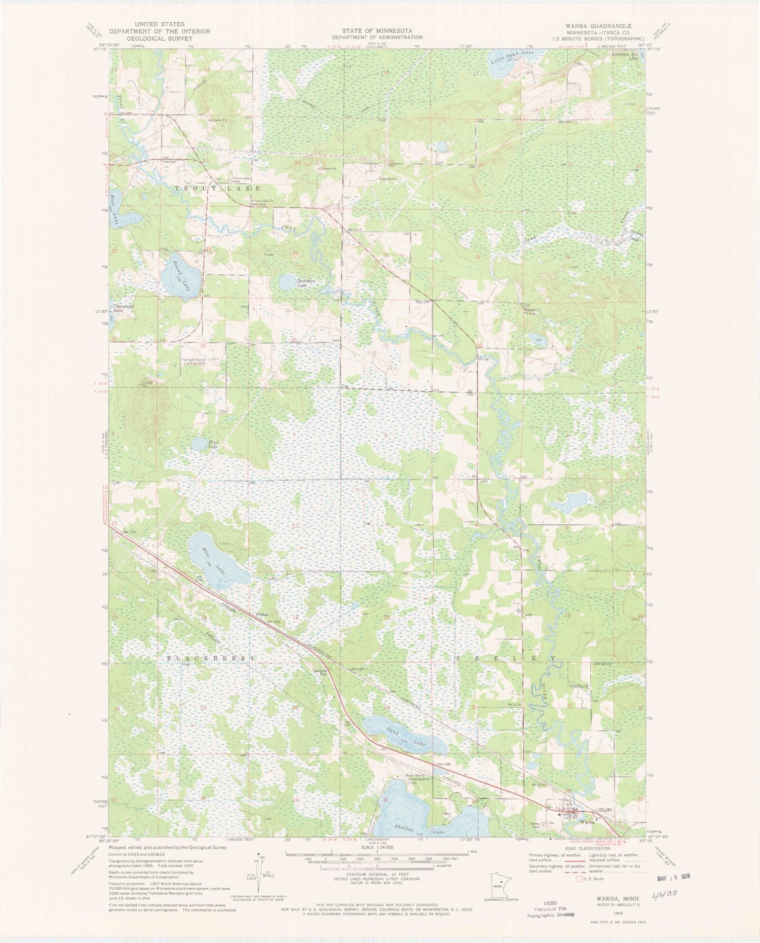 Classic USGS Warba Minnesota 7.5'x7.5' Topo Map Image
